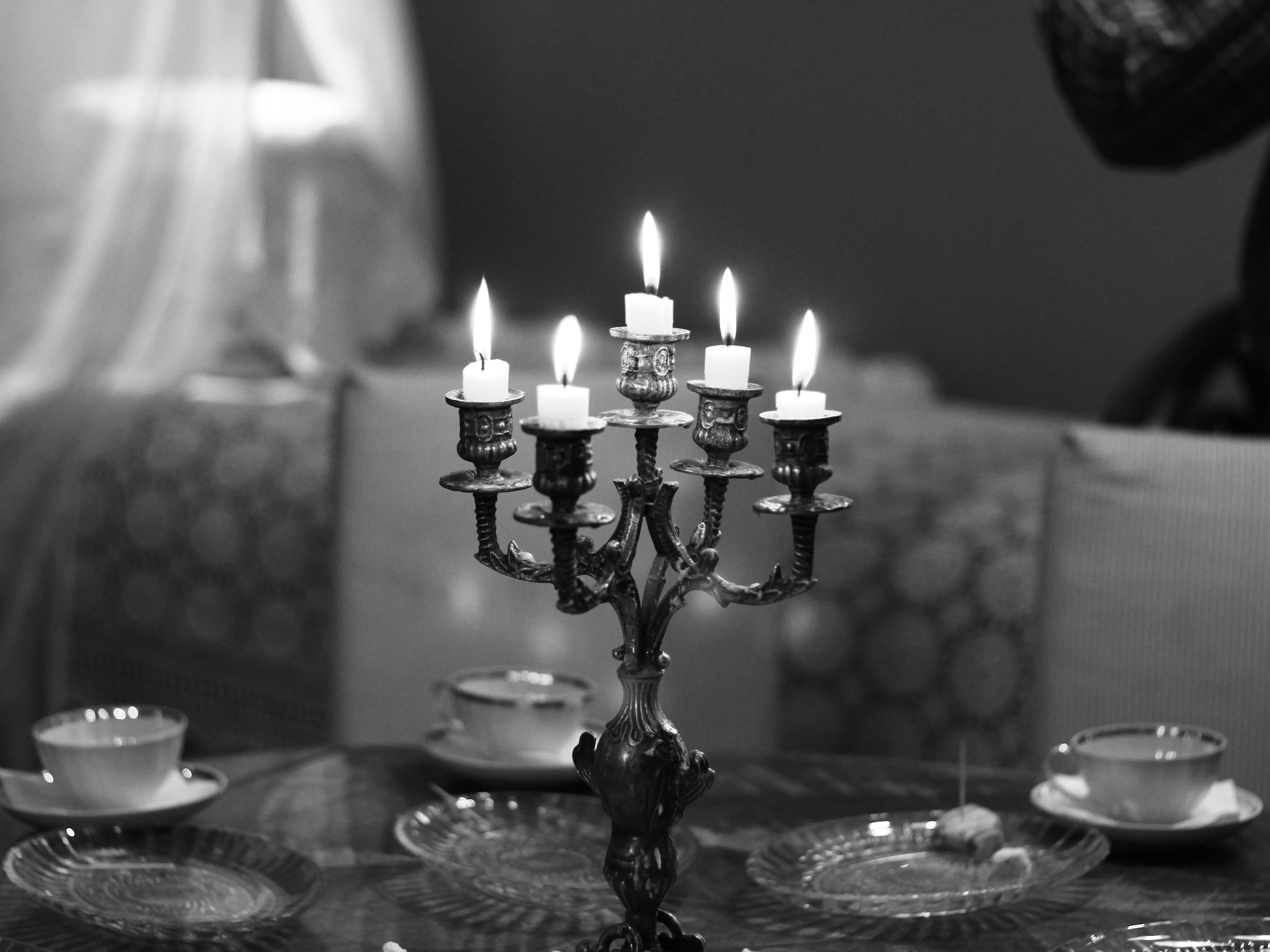 burning, dining, glowing, fire, 4K, flame, candle, celebration, candlestick holder, indoors, candlestick, still life, no people, light, candles, black-and-white, HD Wallpaper