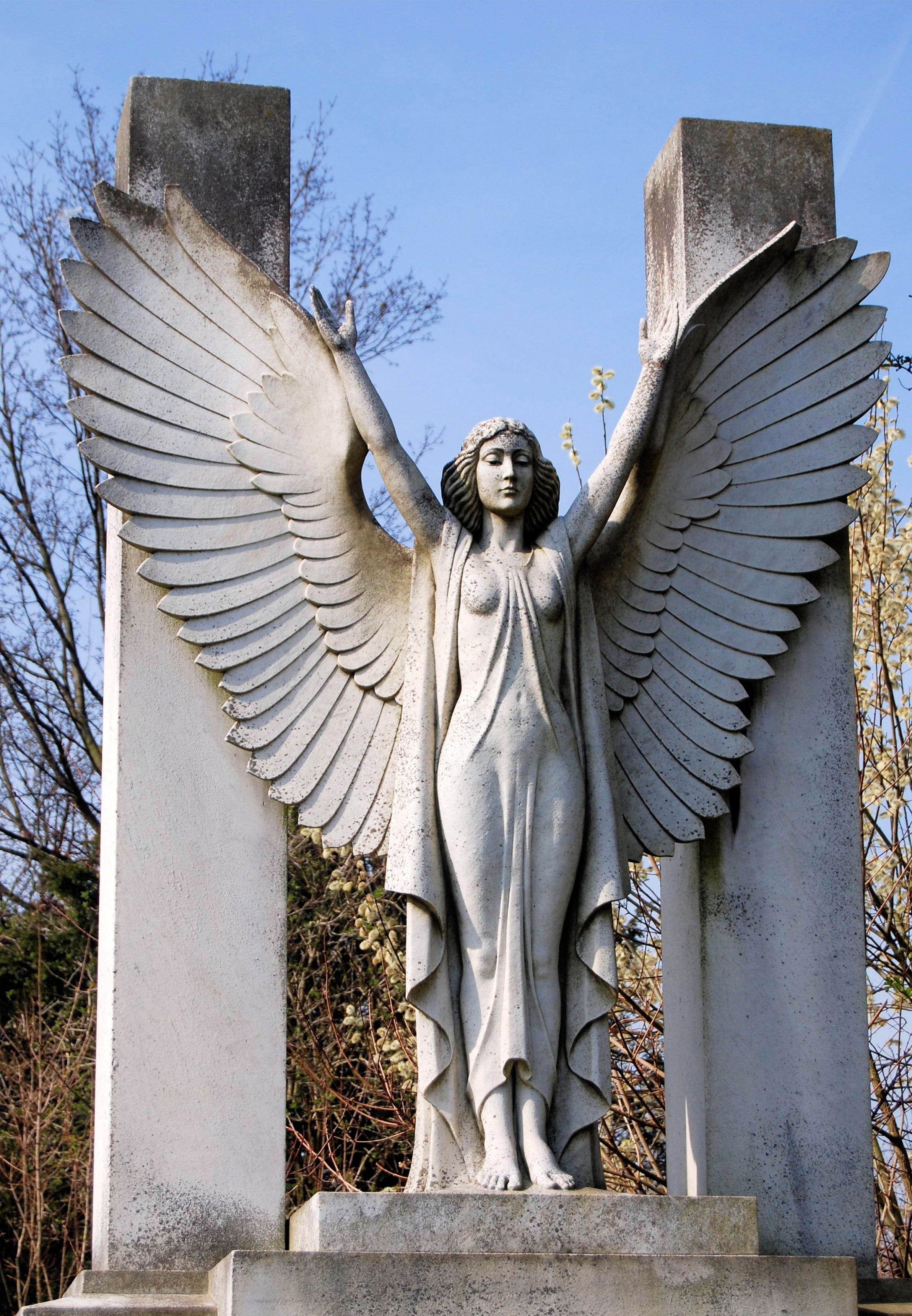 tombstone, no people, statue, statute, human representation, blue, architecture, cemetery, female likeness, spirituality, religion, male likeness, grave, Phone HD Wallpaper