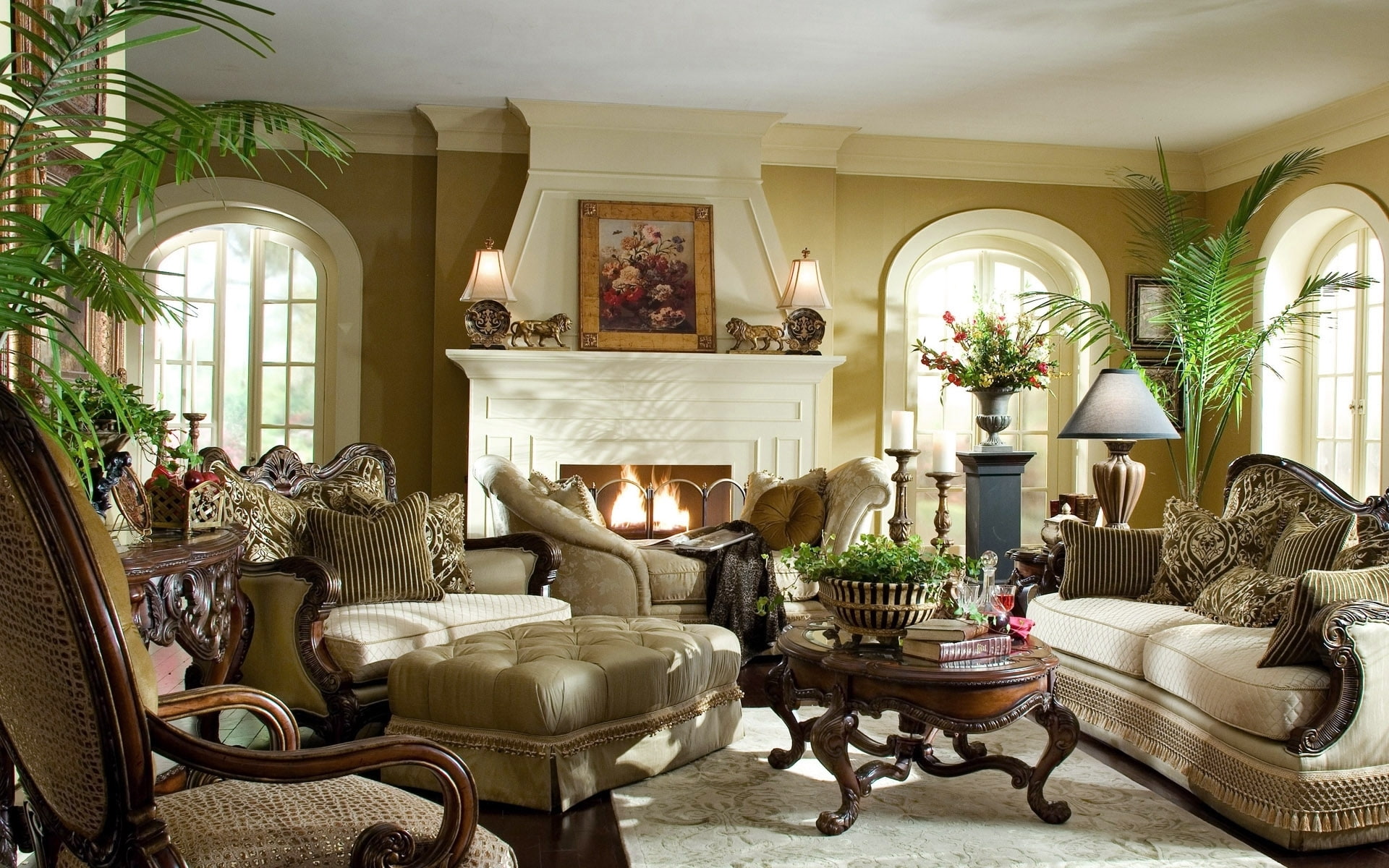Statute, plants, light, room, fireplace, pictures, sofas, 1080P, classic, HD Wallpaper
