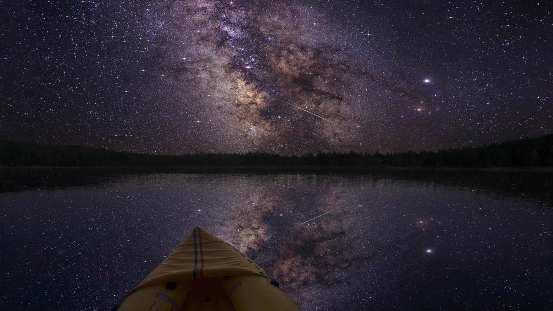 tranquil scene, astronomy, scenics - nature, no people, night, landscape, nature, reflection, nighttime, boat, stars, infinity, outdoors, space, HD Wallpaper