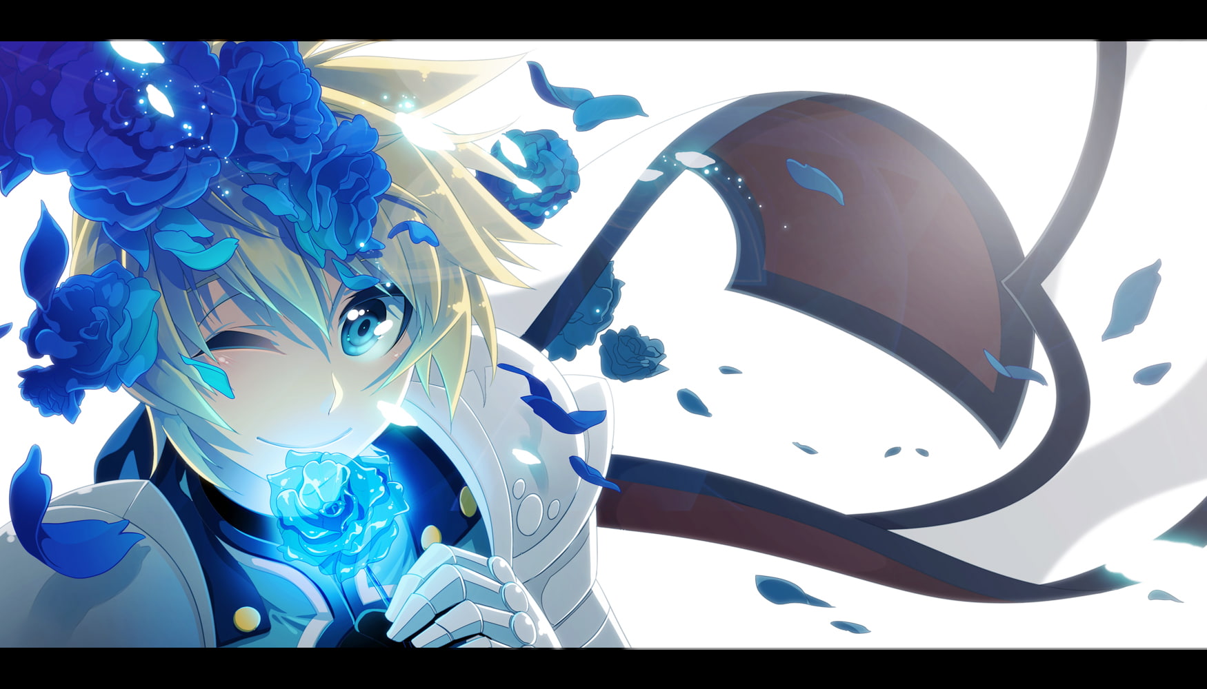 scifo, 720P, armor, eyes, vesperia, flynn, rin, hair, petals, keiko, blonde, tales, wink, aqua, flowers, HD Wallpaper