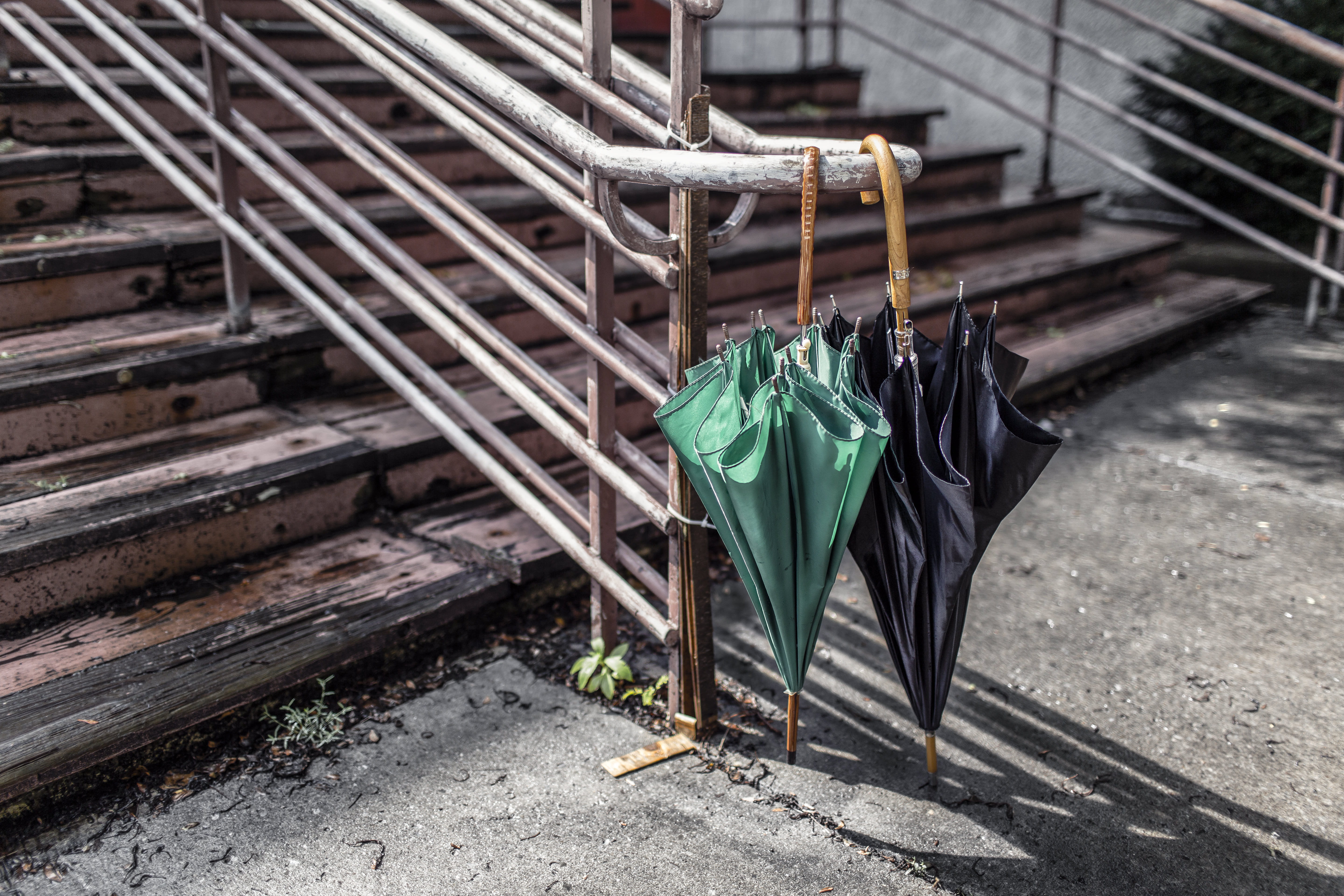 stairs, rain, urban, sunlight, chair, clothing, dry, stair, green, architecture, shadows, 5K, city, green color, railing, two, hanging, black, high angle view, HD Wallpaper