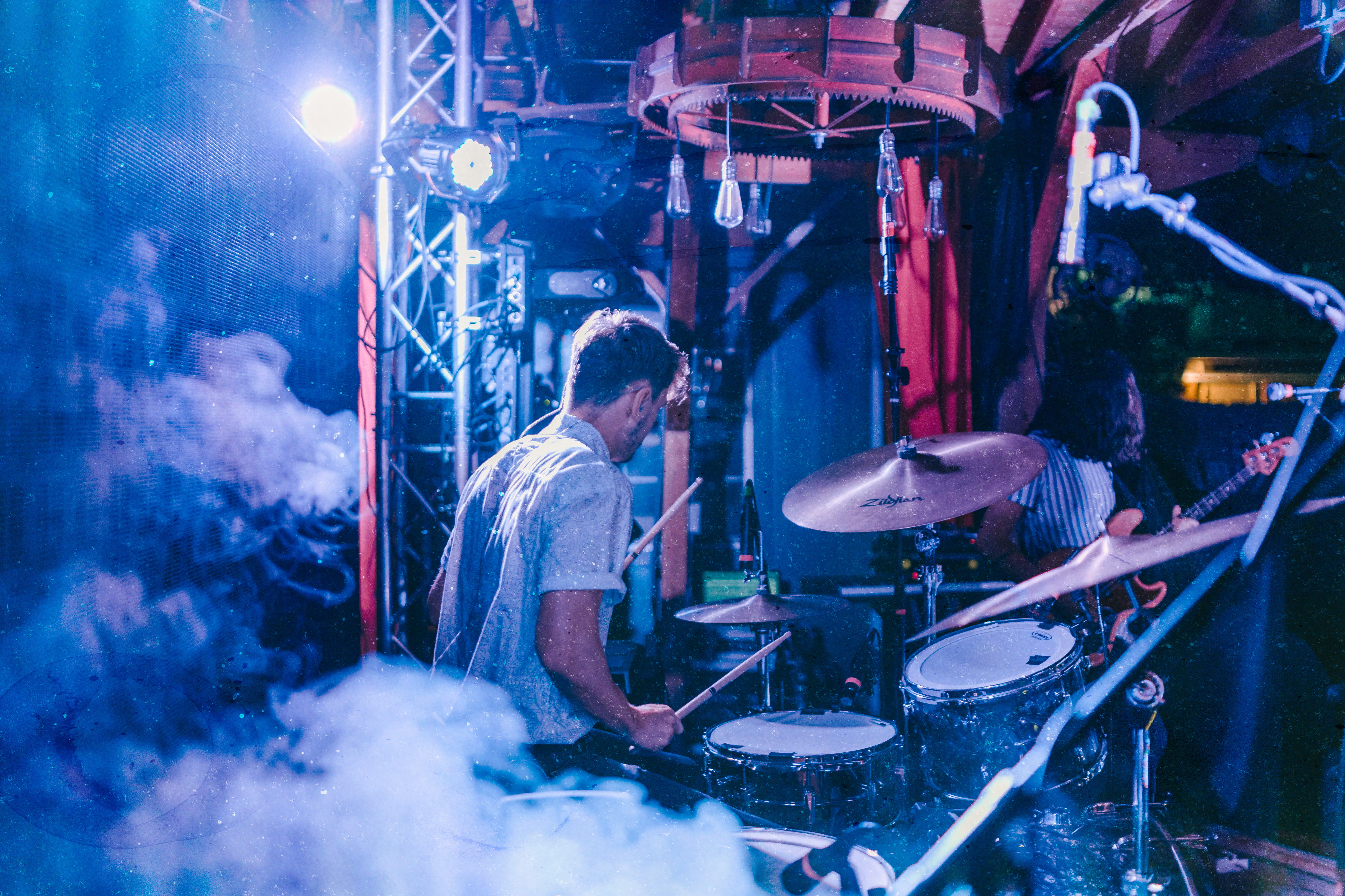 drum, occupation, performance, percussion, smoke - physical structure, illuminated, band, rock concert, music band, musician, steam, young men, real people, HD Wallpaper