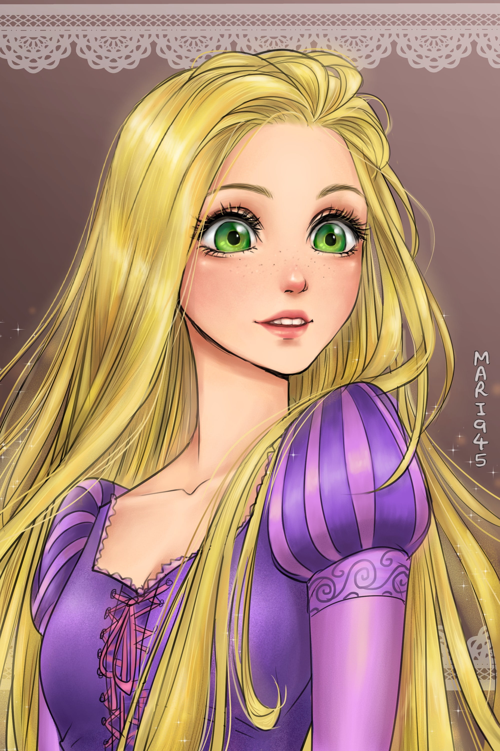 people, fantasy art, young adult, Rapunzel, dress, make-up, hairstyle, looking at camera, long hair, blond hair, glamour, 2K, purple, beautiful people, Phone HD Wallpaper