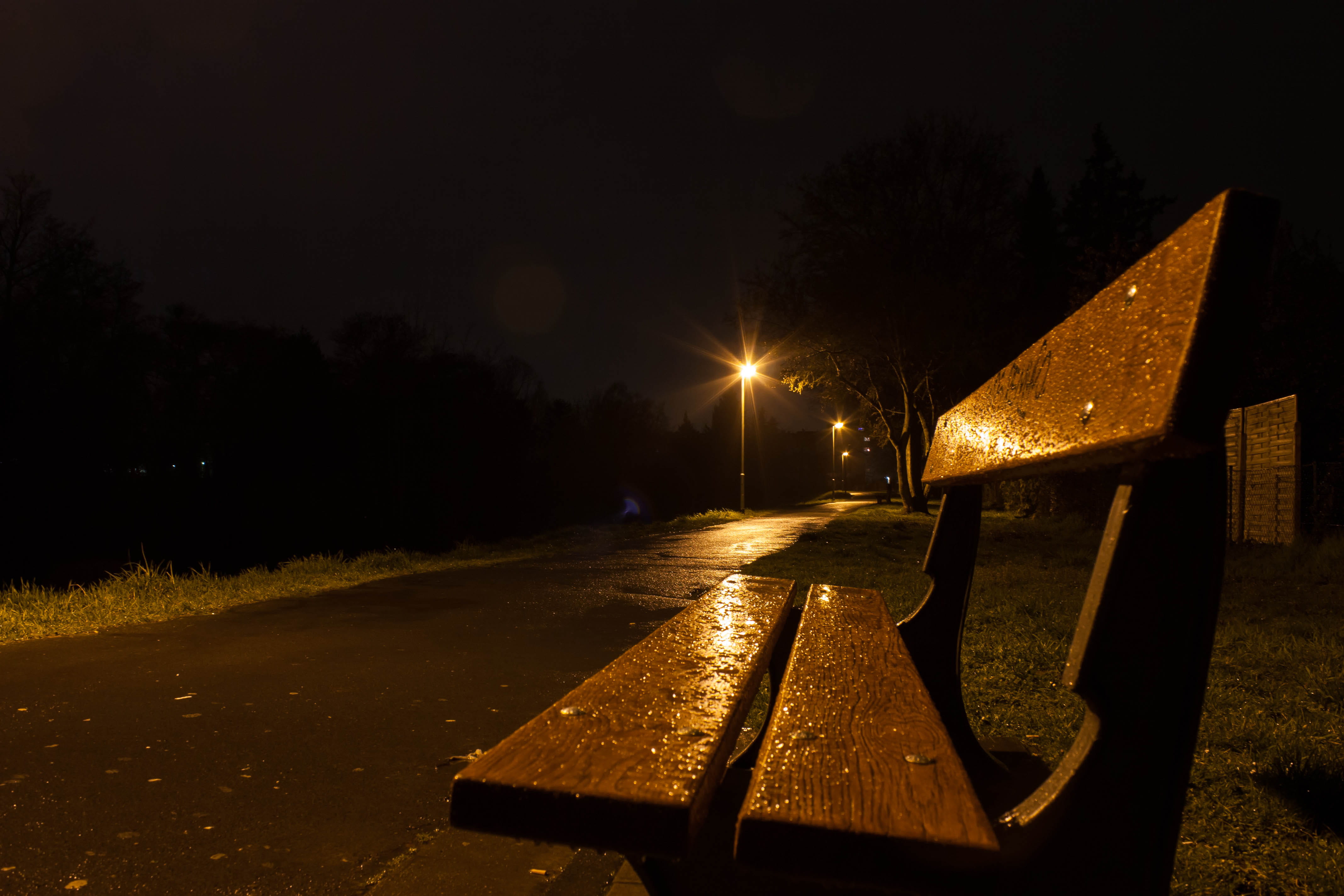 street, heinrich-fischer-bad, depressing, dark, no people, footpath, absence, illuminated, lighting equipment, sky, street light, nighttime, water, bench, HD Wallpaper