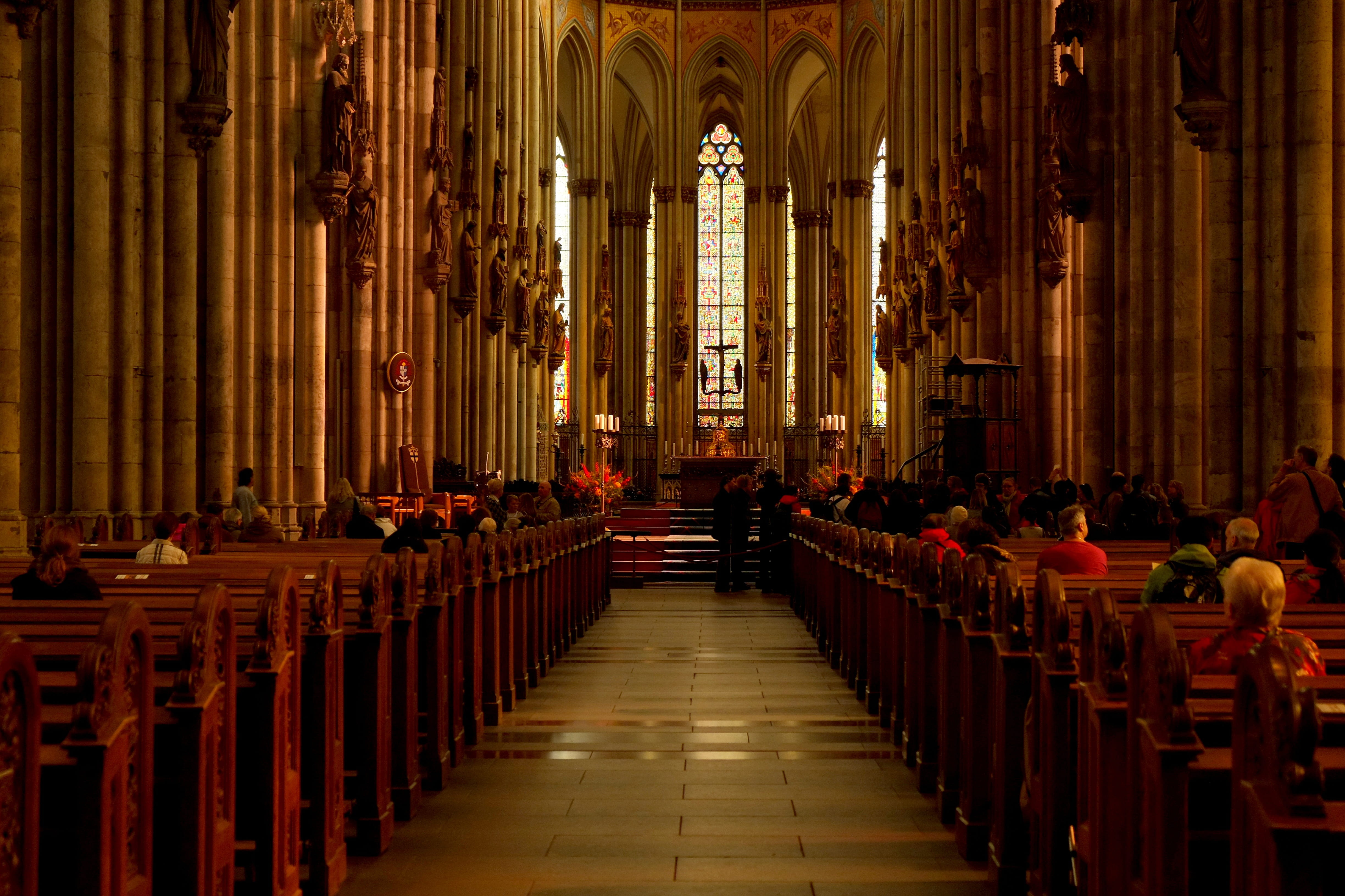 blanket, arches, house of worship, perspective, people, ornament, religion, architecture, nave, rhine, built structure, landmark, arch, pewters, cologne on the rhine, HD Wallpaper