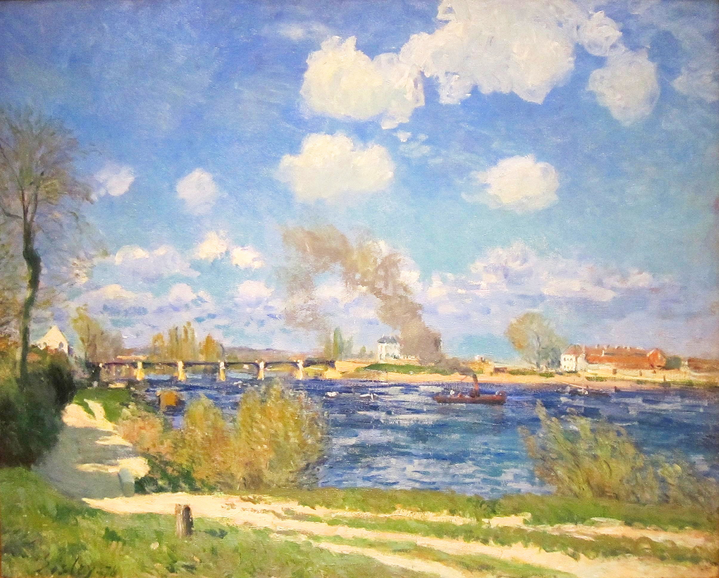 tranquility, Alfred Sisley, no people, built structure, architecture, sky, outdoors, spring, tree, 1080P, picture, sunlight, tranquil scene, steamer, boat, HD Wallpaper