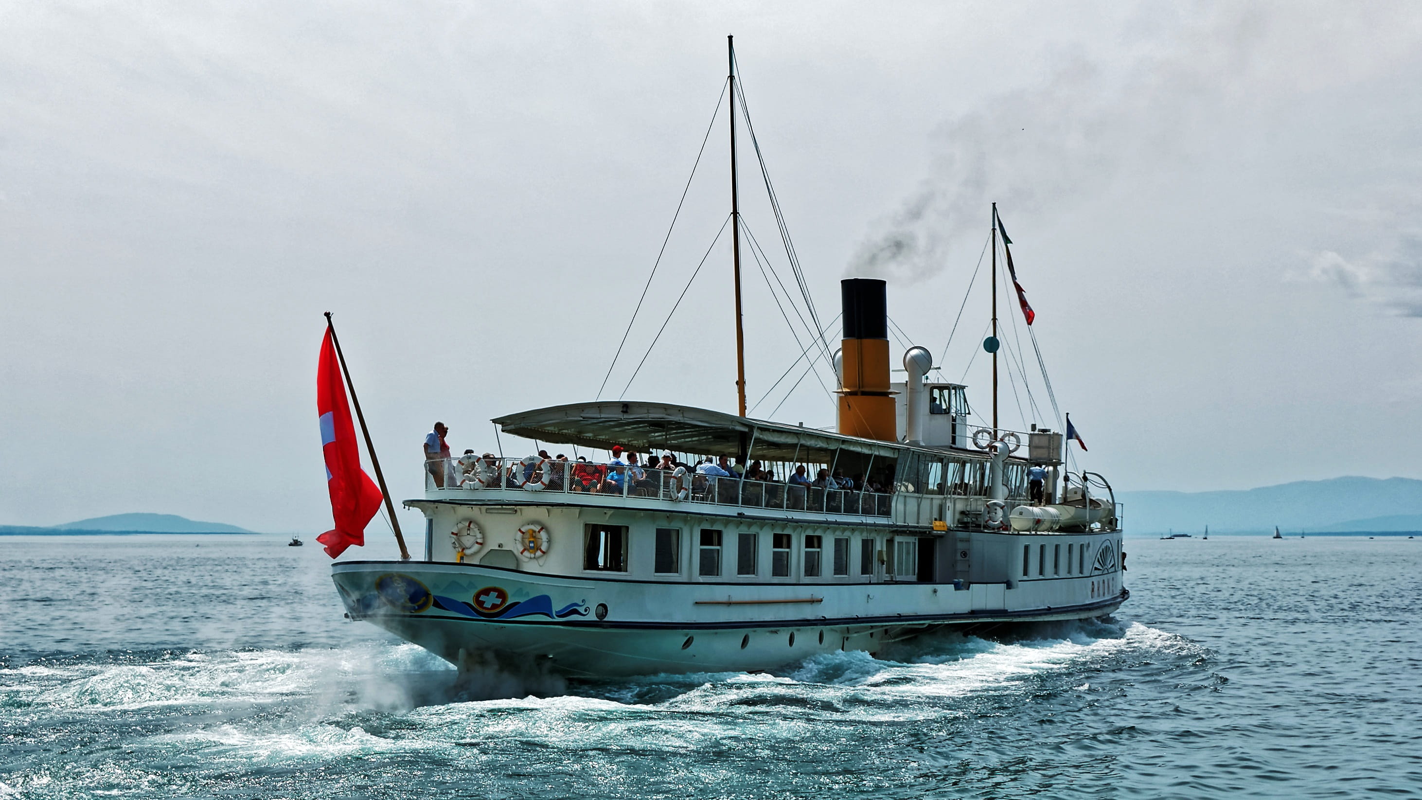 motion, ship, 2K, geneva, steamer, sailing, switzerland, ouchy, travel, flag, nautical vessel, lausanne, sailboat, transportation, lake, no people, sea, HD Wallpaper