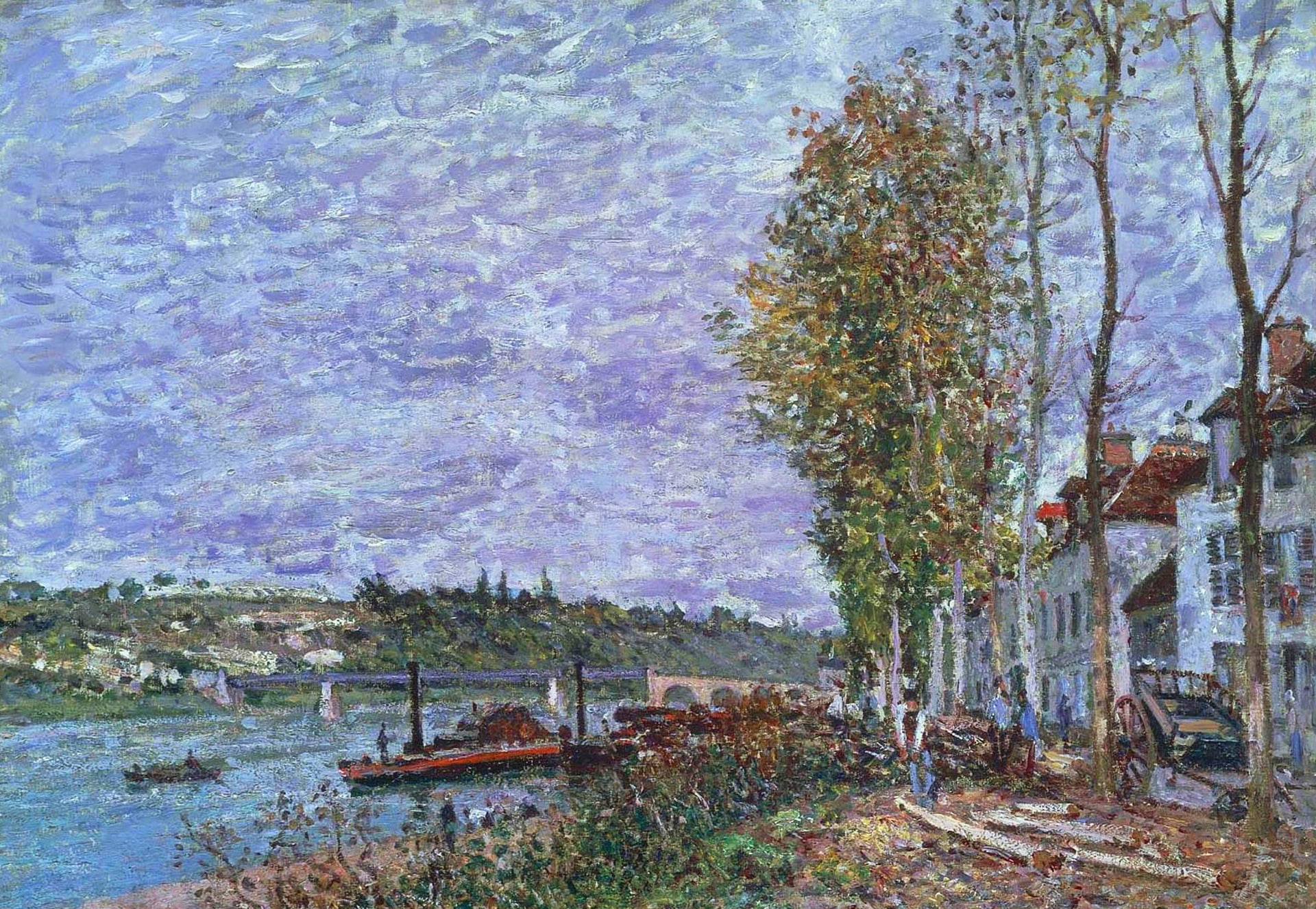 landscape, Alfred Sisley, Saint-MAMME, home, trees, steamer, bridge, picture, A gray day, boat, river, 1080P, spring, HD Wallpaper