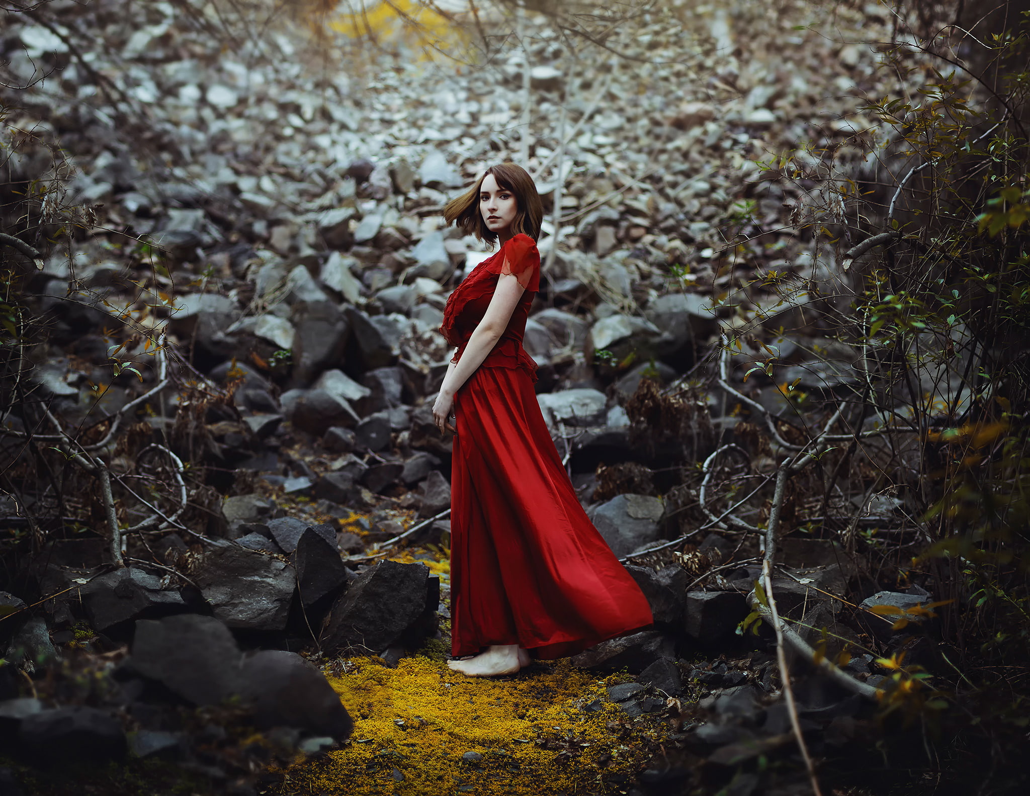 Ronny Garcia, dress, stones, 1080P, girl, forest, in red, No way out, HD Wallpaper