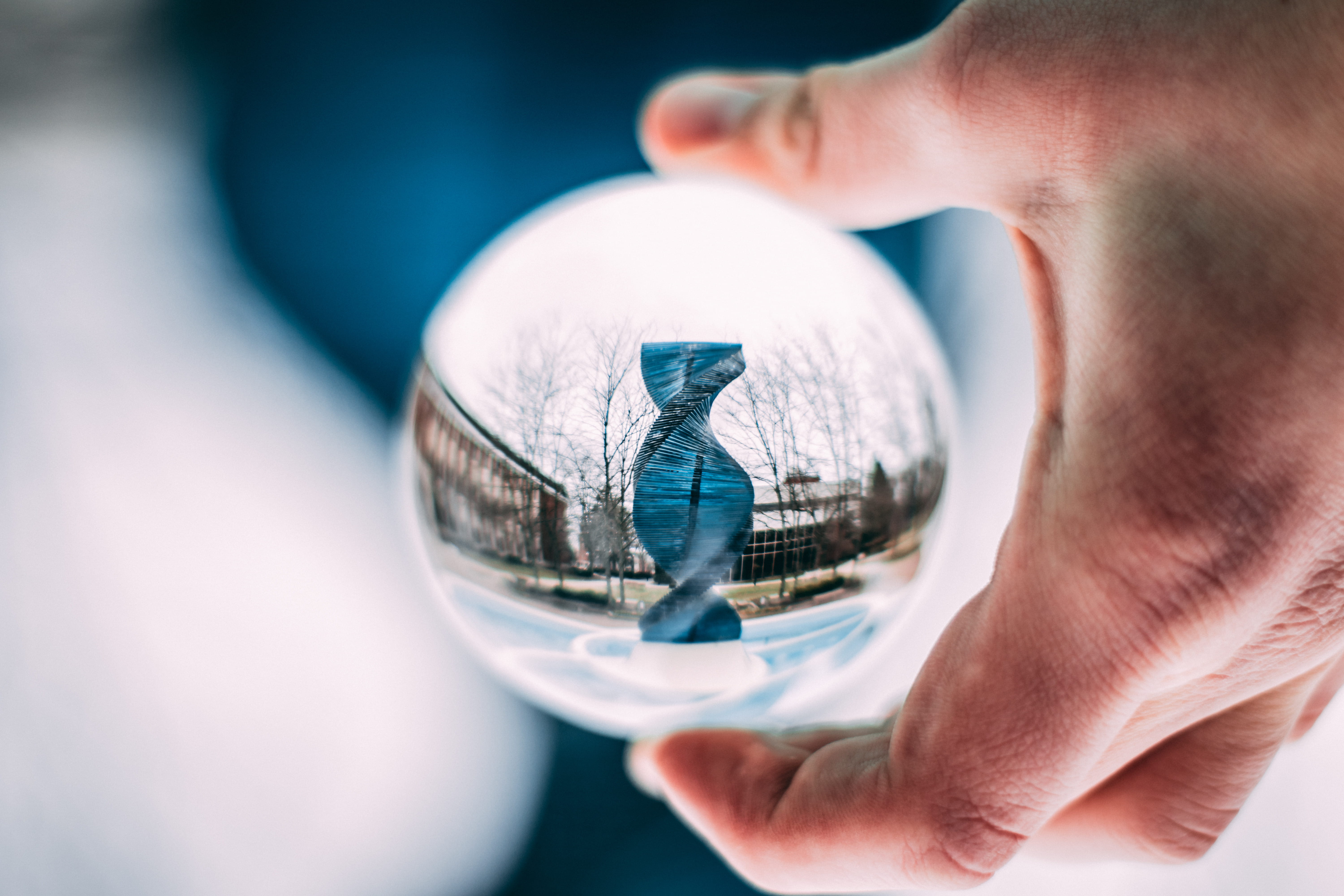 finger, world at your fingertips, human hand, sculpture, outdoors, human, sphere, ball-shaped, reflection, crystal ball, conceptual, blue, art, world map, HD Wallpaper