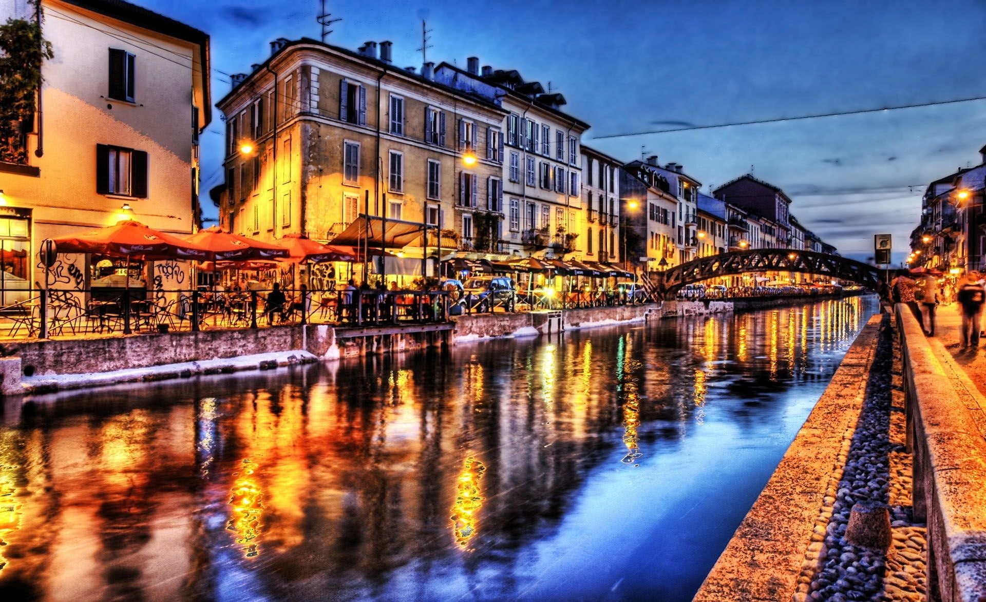 water, built structure, milan, grand, 1080P, southeast milan, City, architecture, nature, no people, hdr, waterfront, illuminated, night, nautical vessel, HD Wallpaper