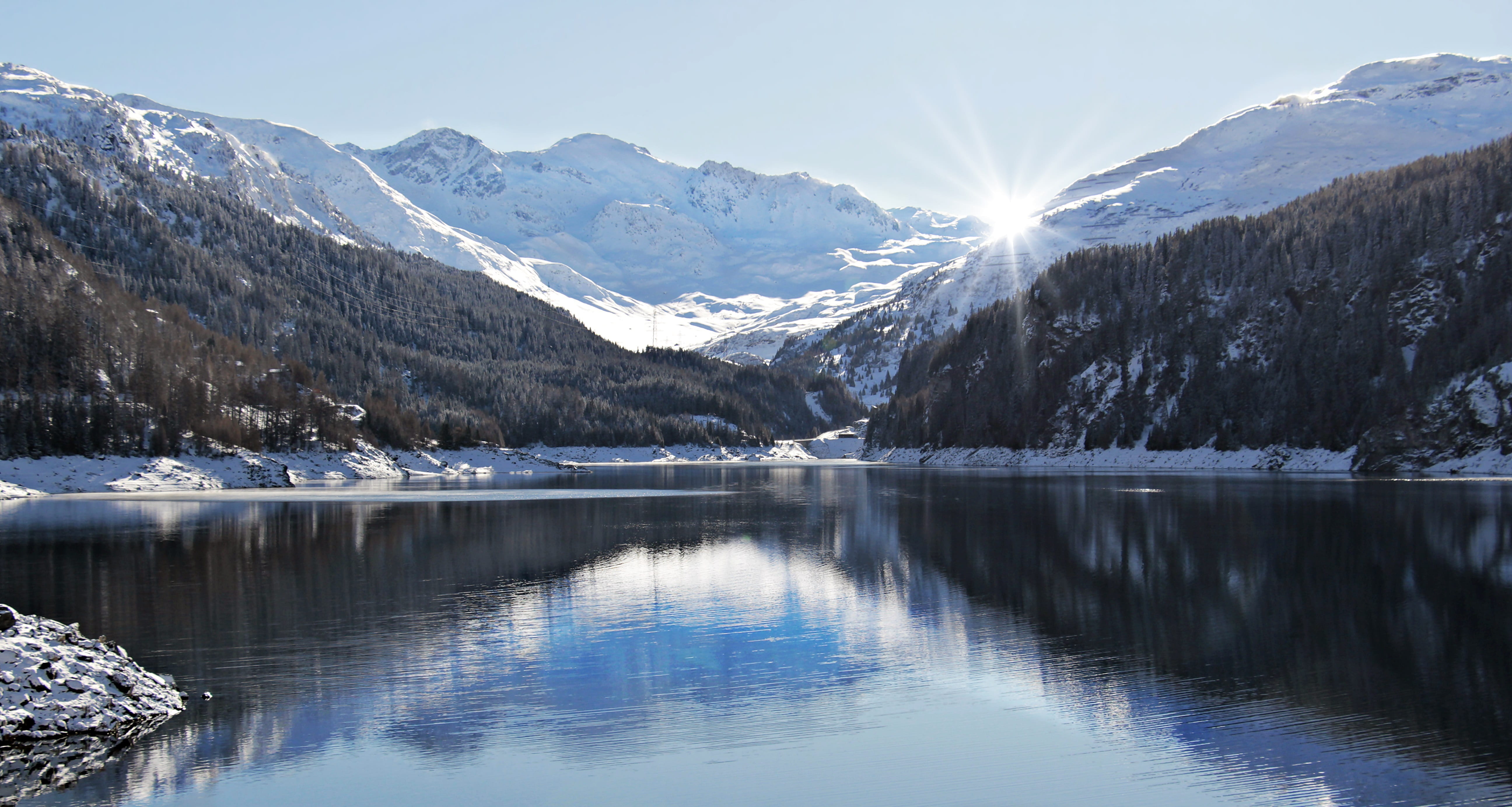 mountain range, coniferous tree, distant, frost, switzerland, view, icy, calm, tranquil scene, mood, marmorera-stausee, mountain peak, cold, lai da marmorera, HD Wallpaper
