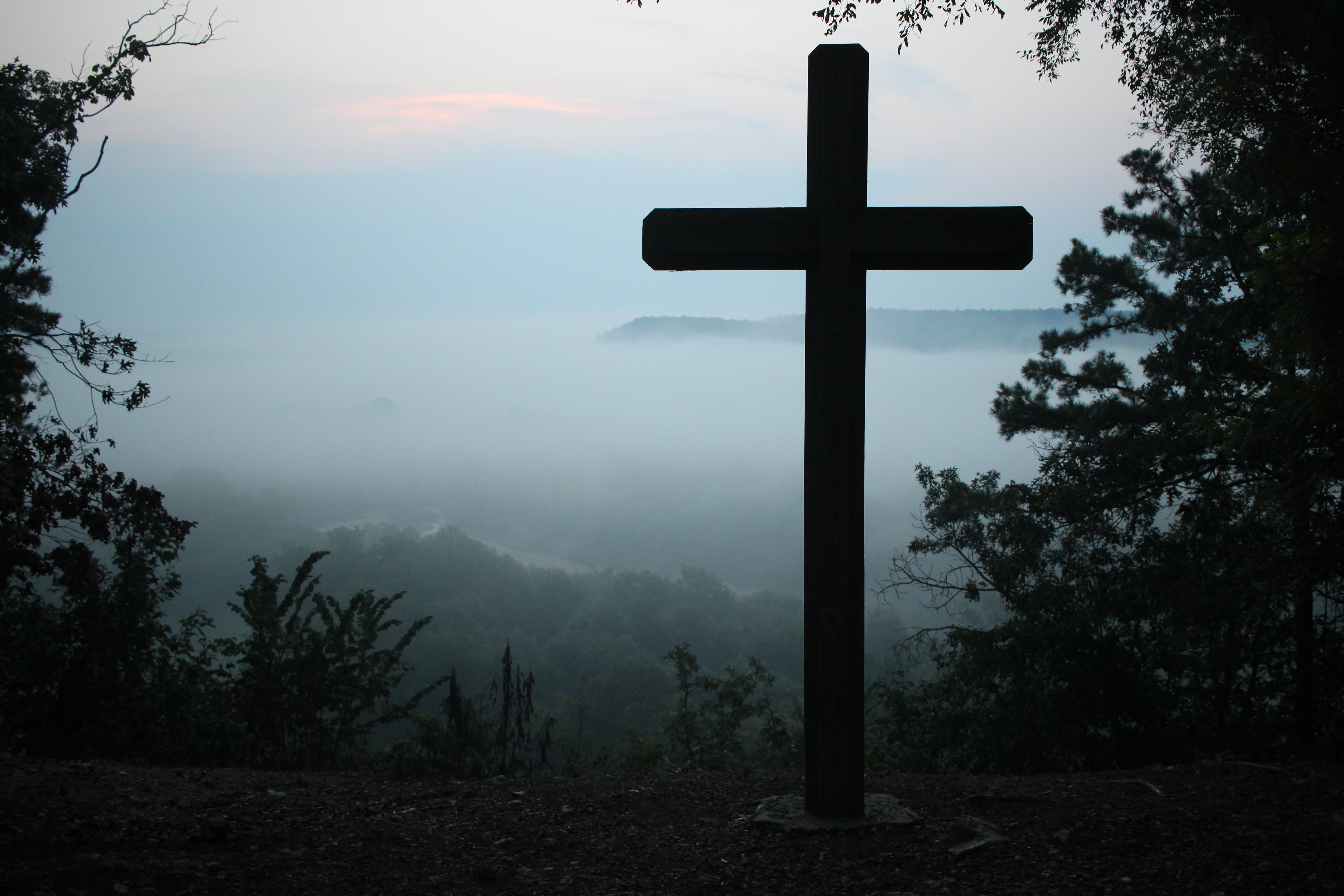 misty, tranquility, land, brown, above, symbol, belief, catholic, silhouette, panorama, valley, religious, morning, cross shape, 5K, spiritual, icon, idyllic, HD Wallpaper