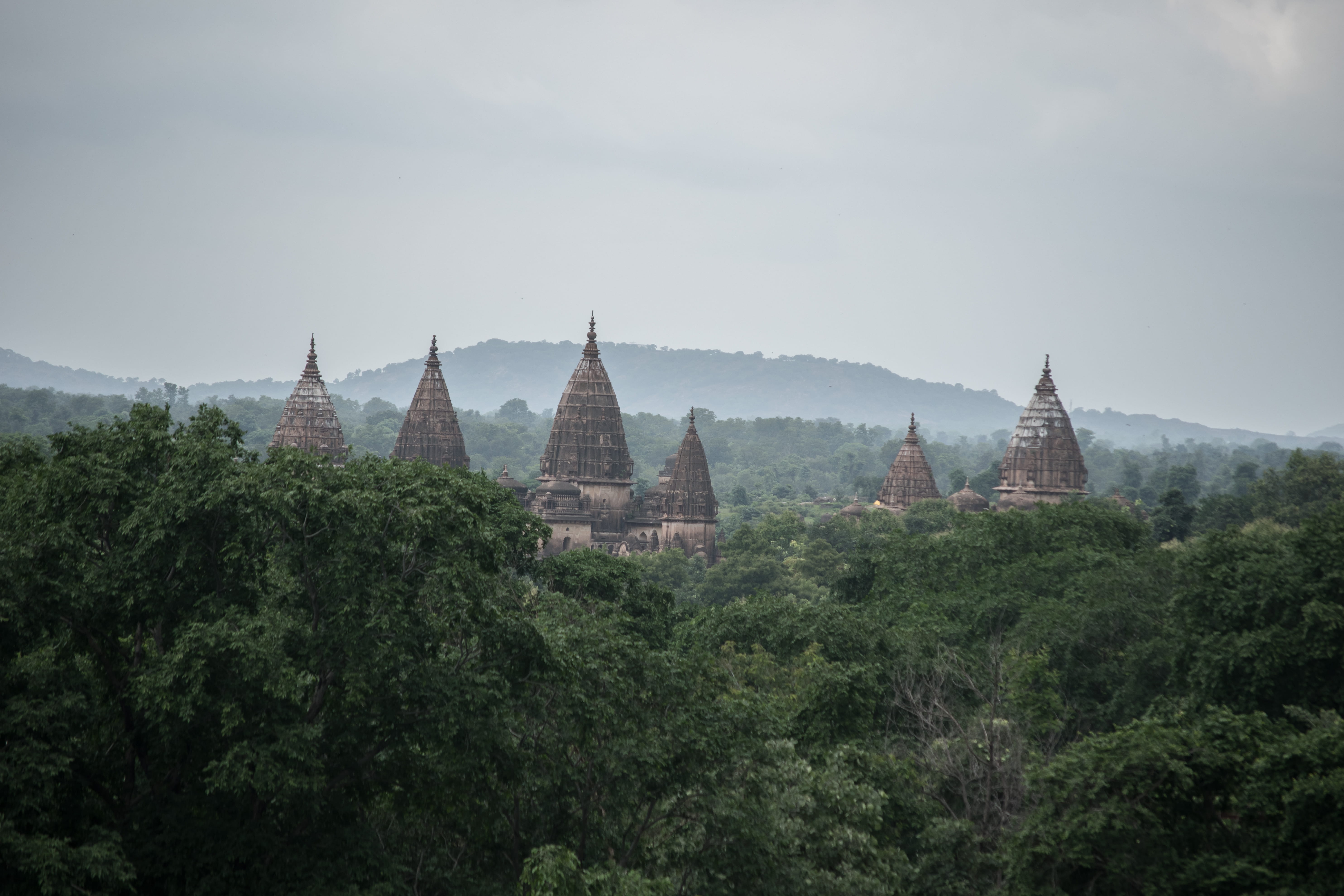 belief, spirituality, tourism, outdoors, orachha, ancient civilization, sky, built structure, spire, temple, landscape, trees, the past, history, place of worship, HD Wallpaper