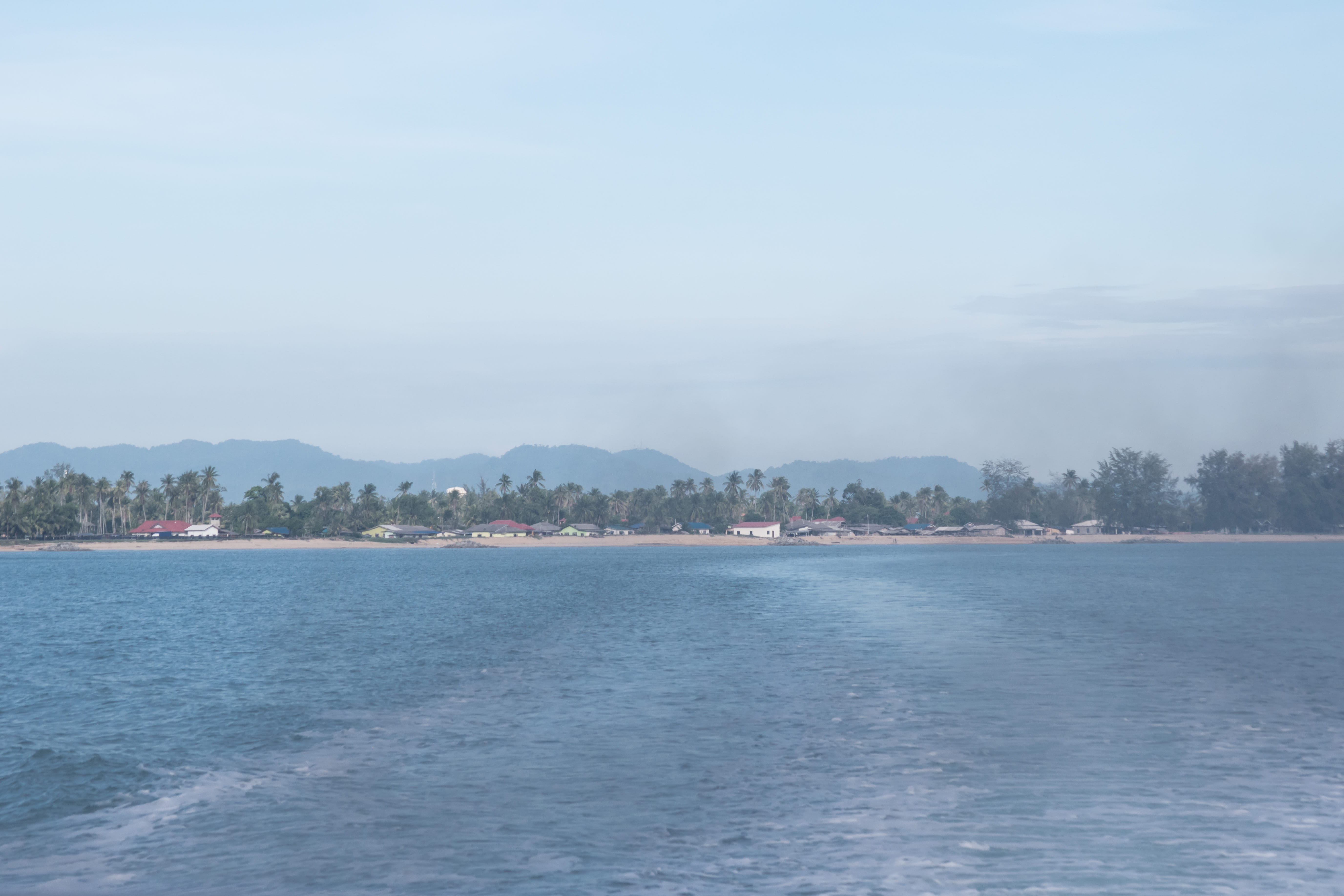 scenics - nature, palm tree, tranquil scene, tranquility, kuala besut, 5K, boat, nature, built structure, outdoors, sea, architecture, water, mountain, HD Wallpaper