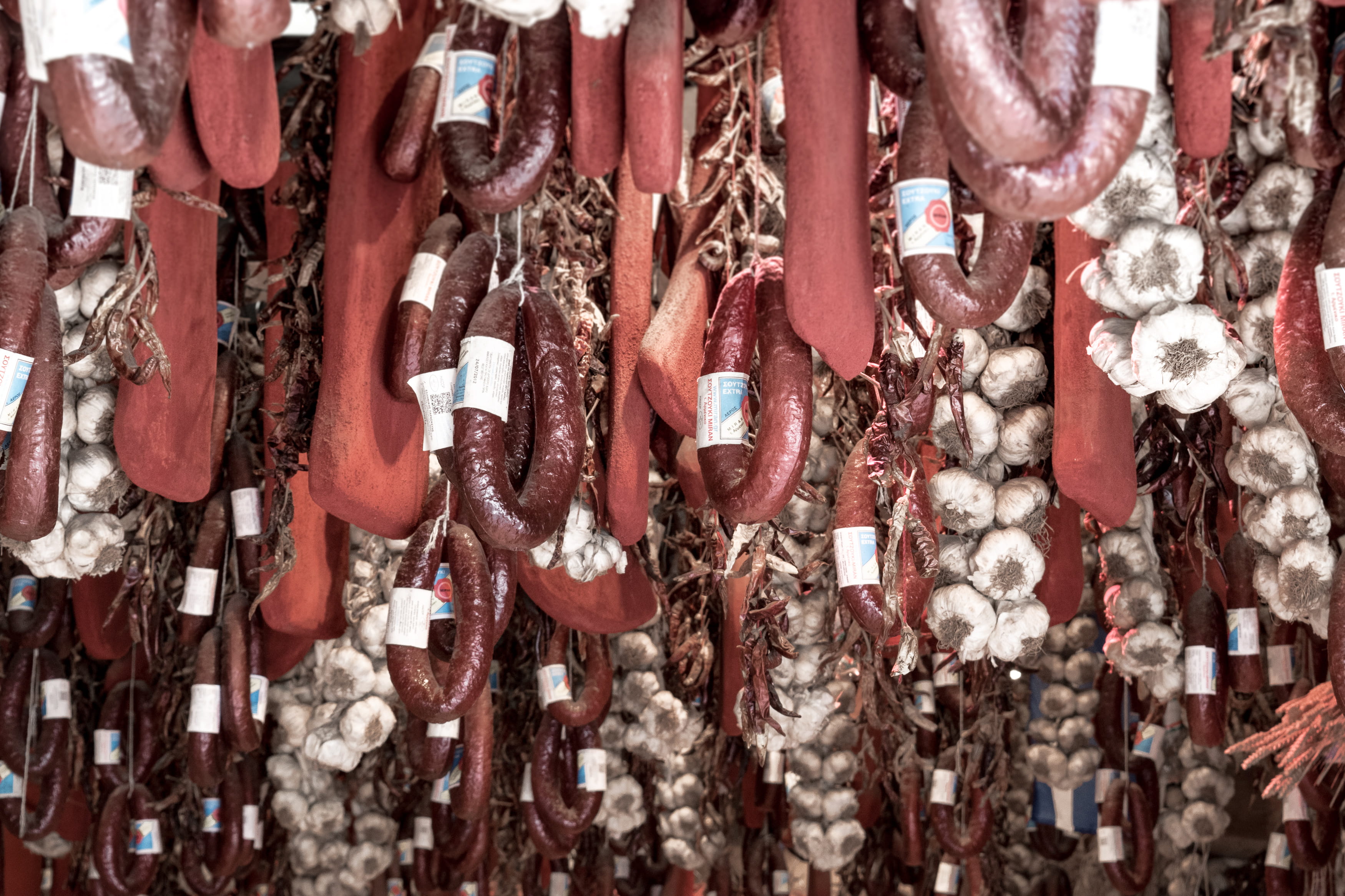 freshness, no people, still life, hanging, for sale, market, pemento, 2K, variation, full frame, store, backgrounds, yummy, meat, food and drink, athens, HD Wallpaper