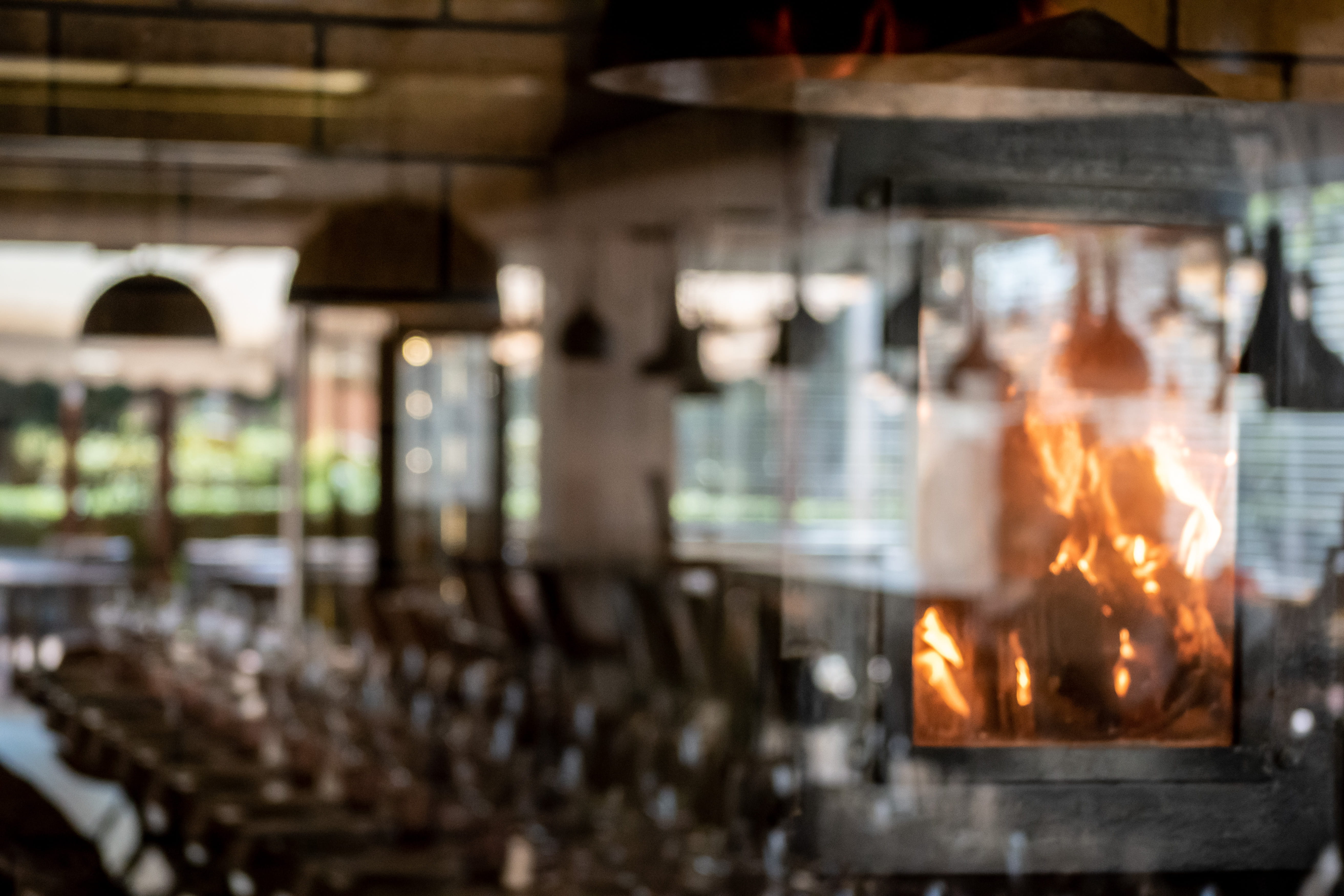 burning, bar counter, indoors, restaurant interior, food, restaurant, fireplace, preparation, motion, nature, heat - temperature, no people, appliance, HD Wallpaper