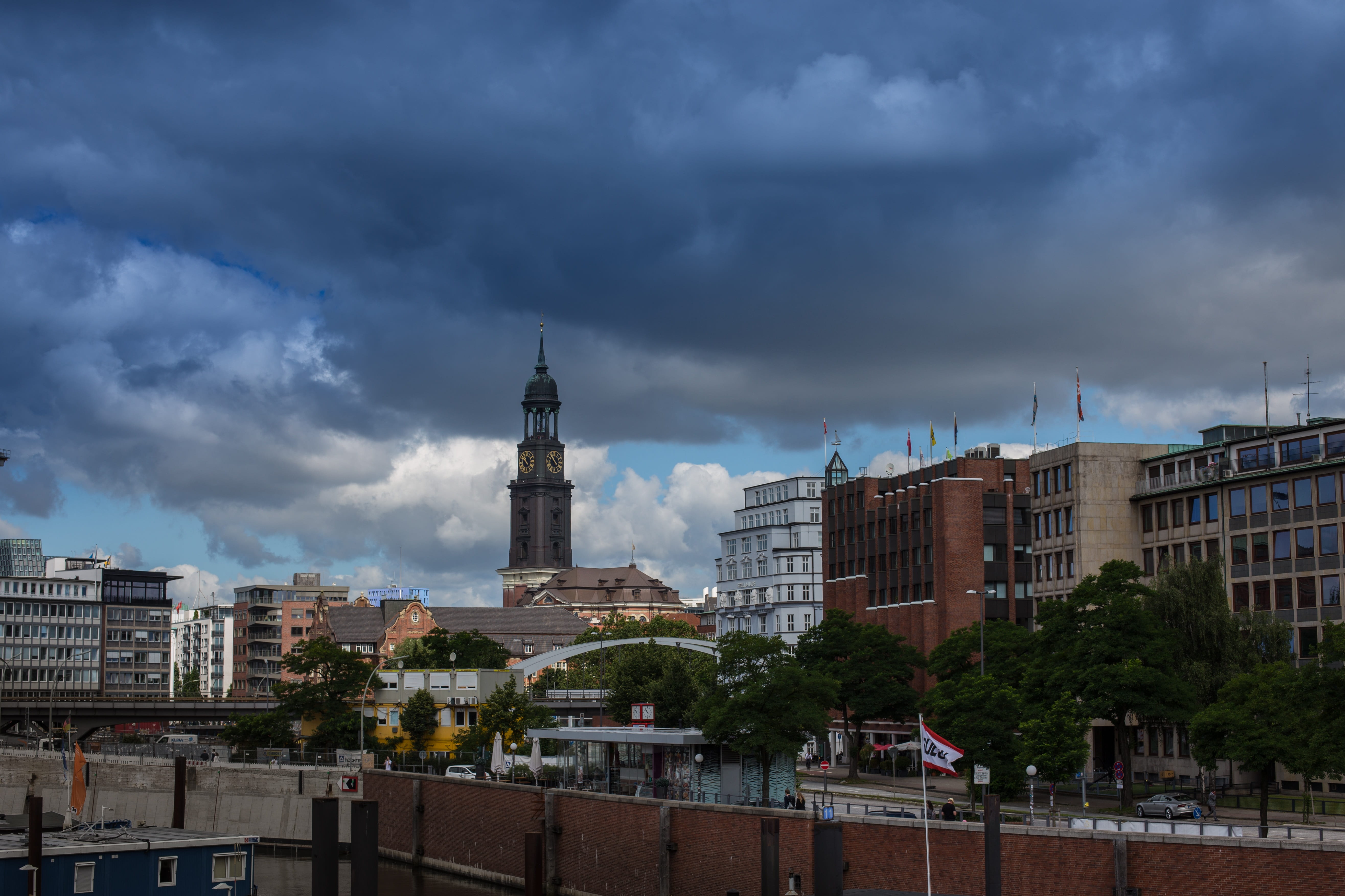 water, the past, building, cloud - sky, building exterior, tree, hamburger-michel, spire, city, history, st michaelis, travel, skyline, no people, travel destinations, HD Wallpaper