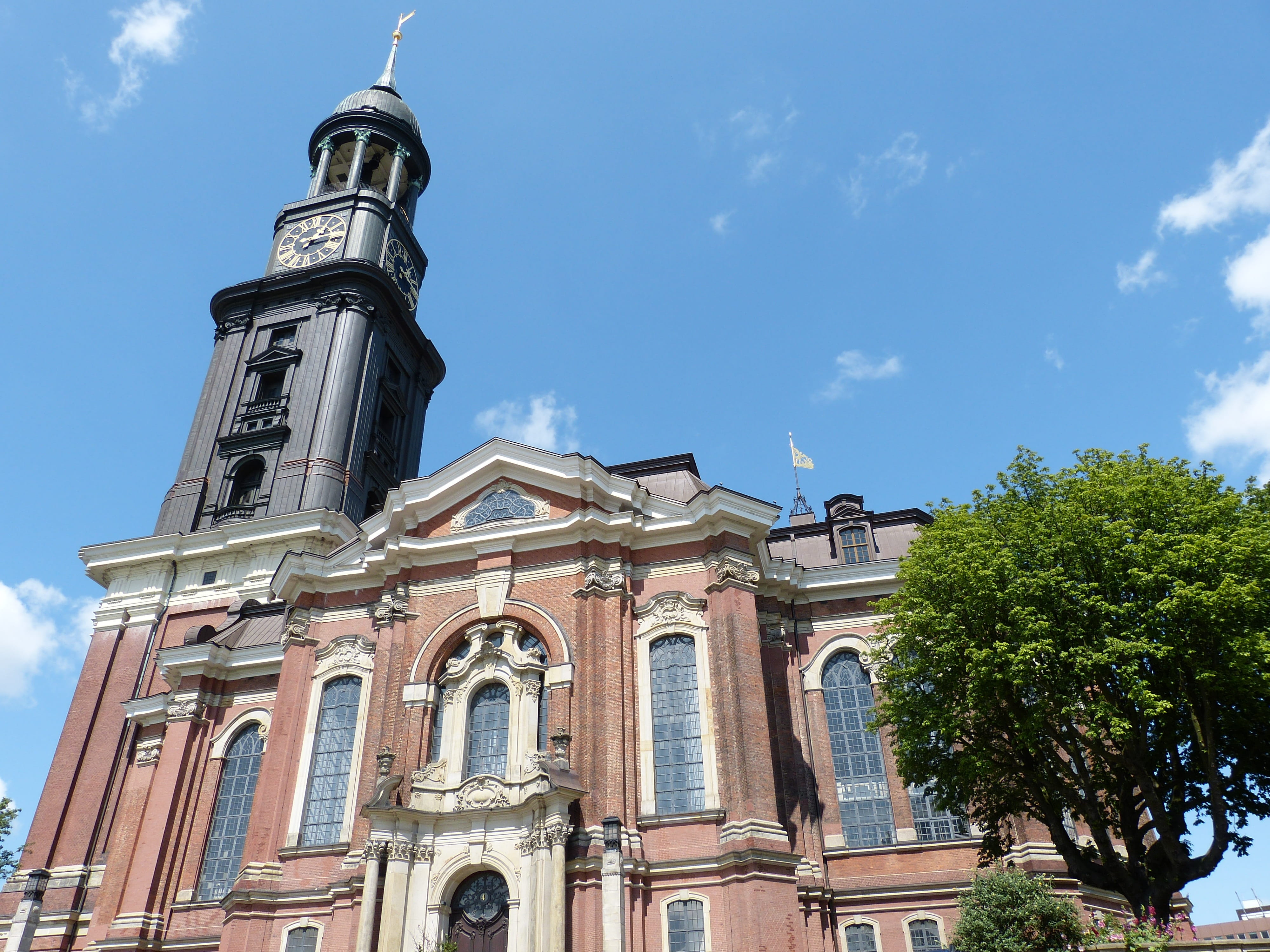 cloud - sky, architectural column, travel destinations, Hamburg, Church, low angle view, michel, clock, day, main church, building exterior, architecture, HD Wallpaper
