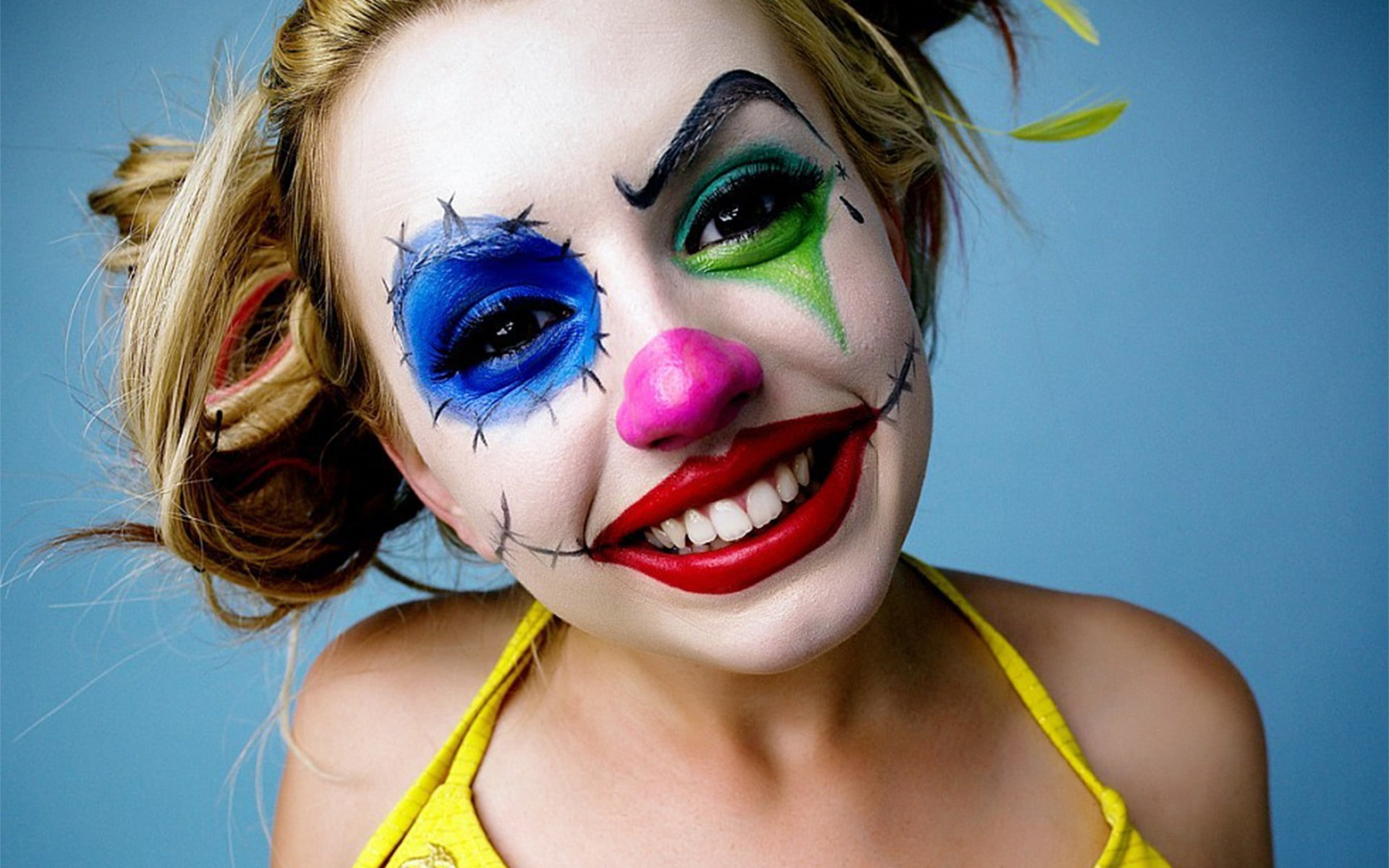 human face, blond hair, headshot, make-up, blue background, blue, looking at camera, females, paint, human body part, hair, 1080P, multi colored, Lexi Belle, HD Wallpaper