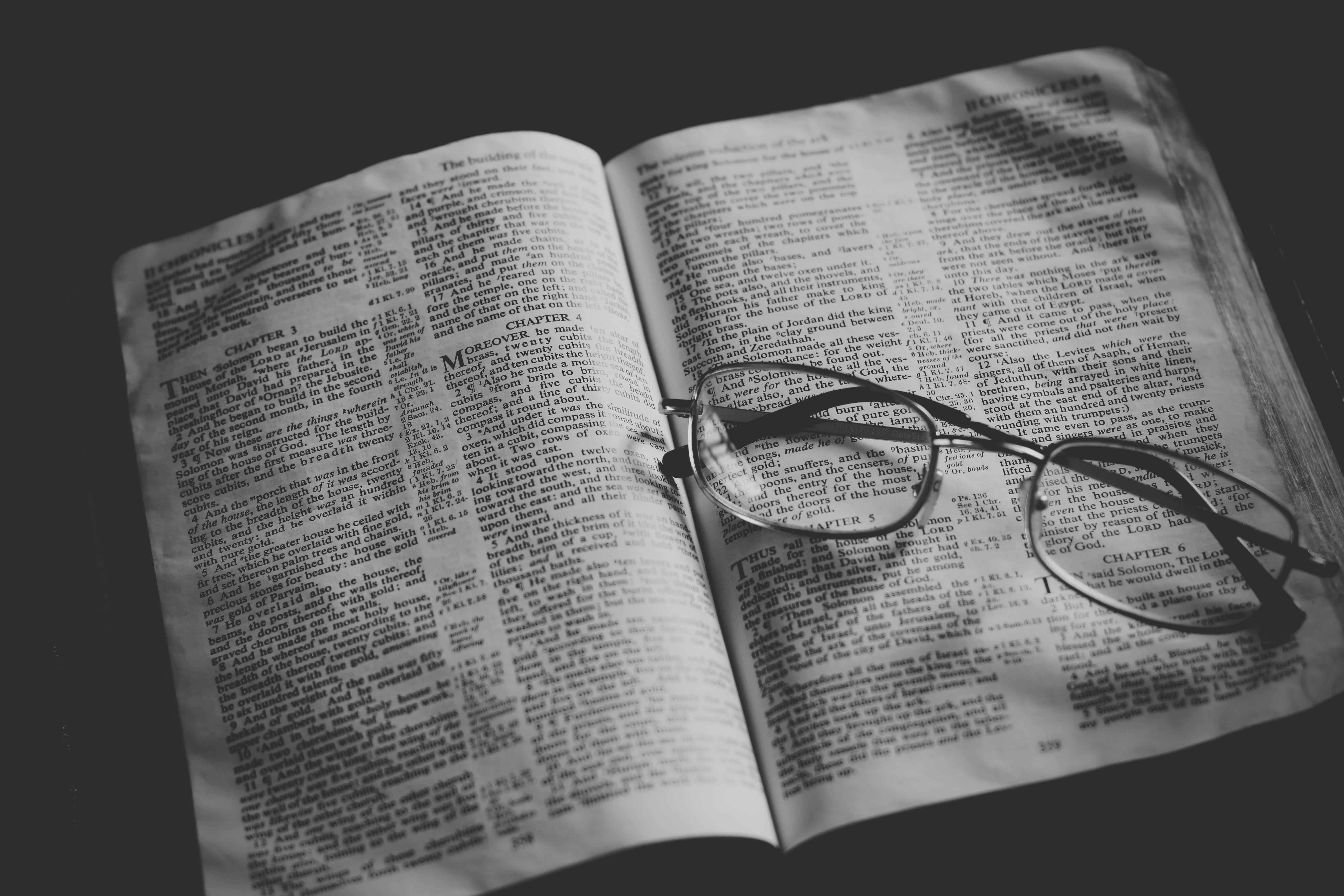 open, text, photo, bible, devotional, indoors, wisdom, grayscale, glasses, top, glass, publication, faith, still life, scripture, god, western script, religion, HD Wallpaper