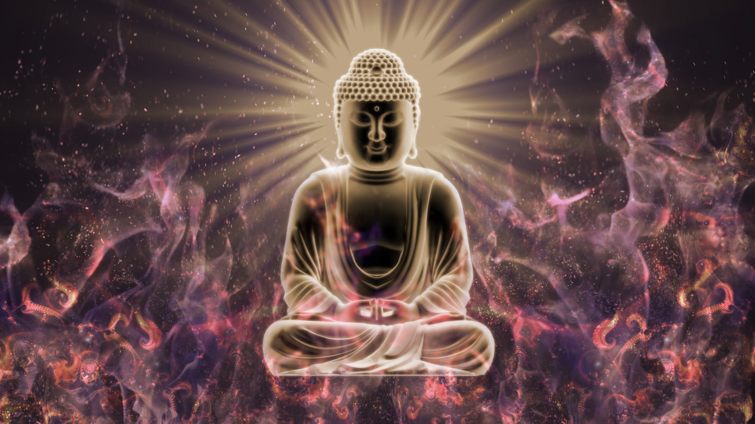 2K, buddha sitting closed eyes digital art buddhism meditation glowing fire blurred fractal abstract, HD Wallpaper