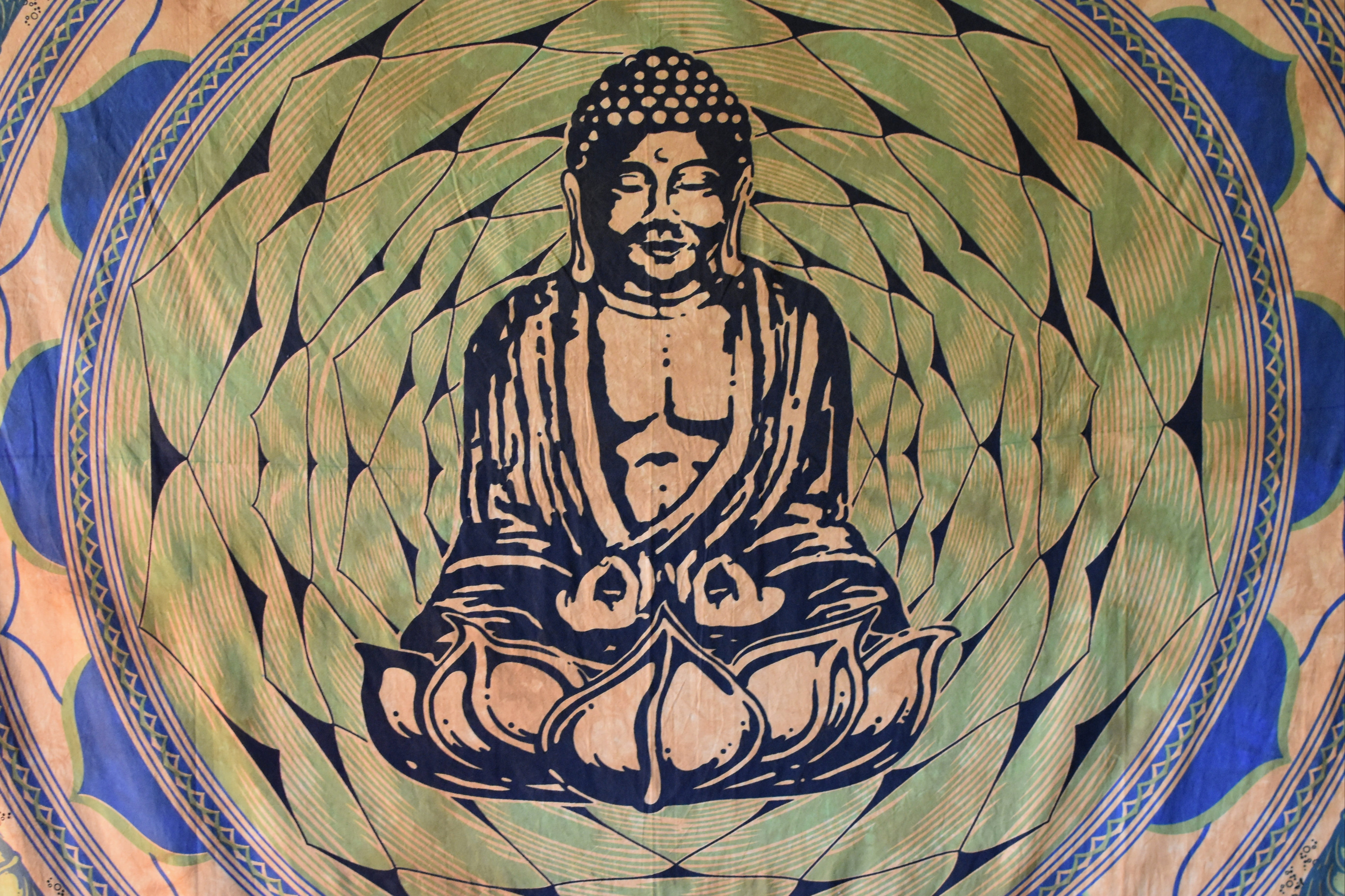 indoors, multi colored, painted image, design, day, Buddha, buddhism, sitting, mural, architecture, belief, faith, close-up, Meditate, no people, craft, HD Wallpaper