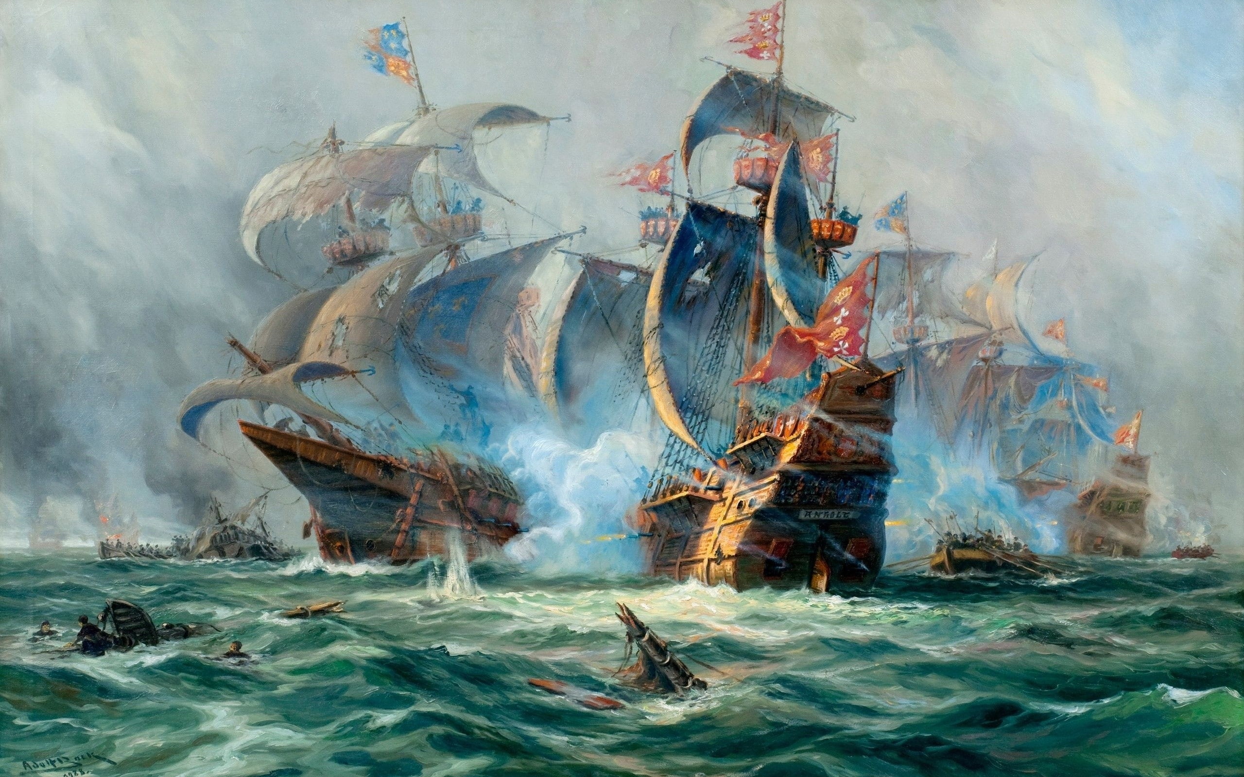 paintings, battles, art, ships, x, water, artwork, 2K, sea, hd, nature, HD Wallpaper