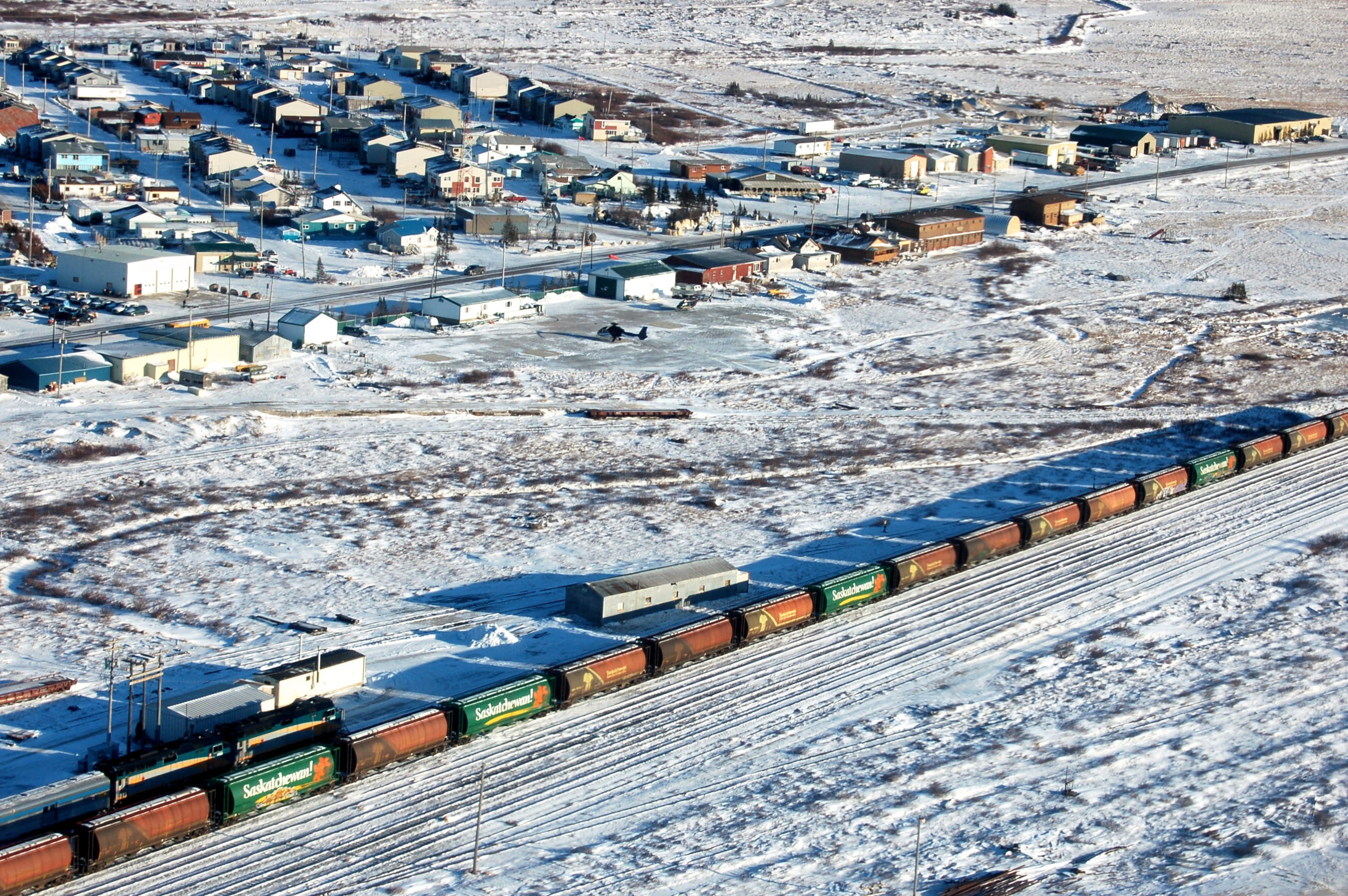 Train, cold temperature, day, mode of transportation, nature, freight Transportation, manitoba, building exterior, industry, countryside, covering, outdoors, HD Wallpaper