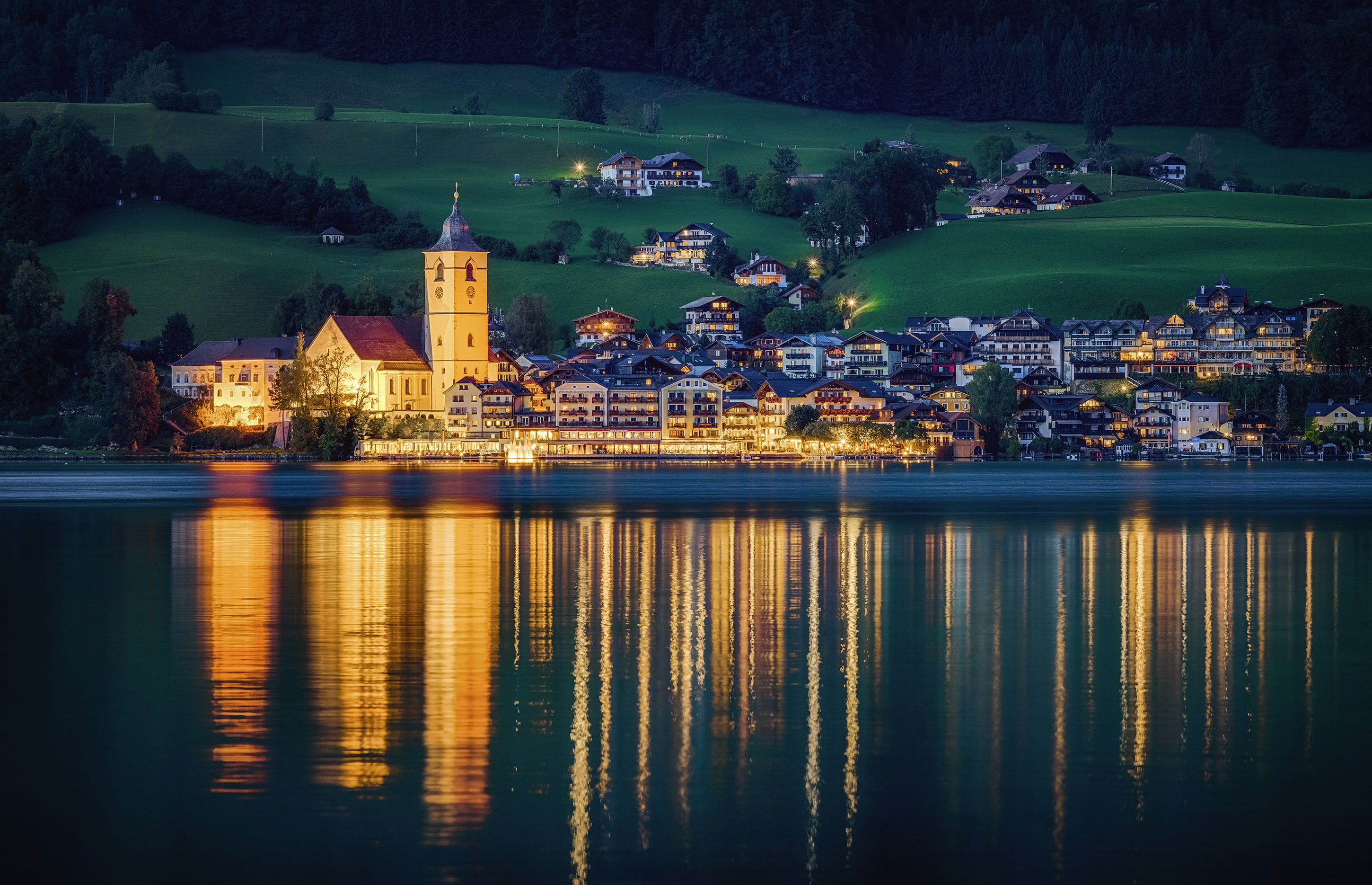 river, 2K, shore, field, the evening, St. Wolfgang, home, nature, Austria, lights, trees, HD Wallpaper