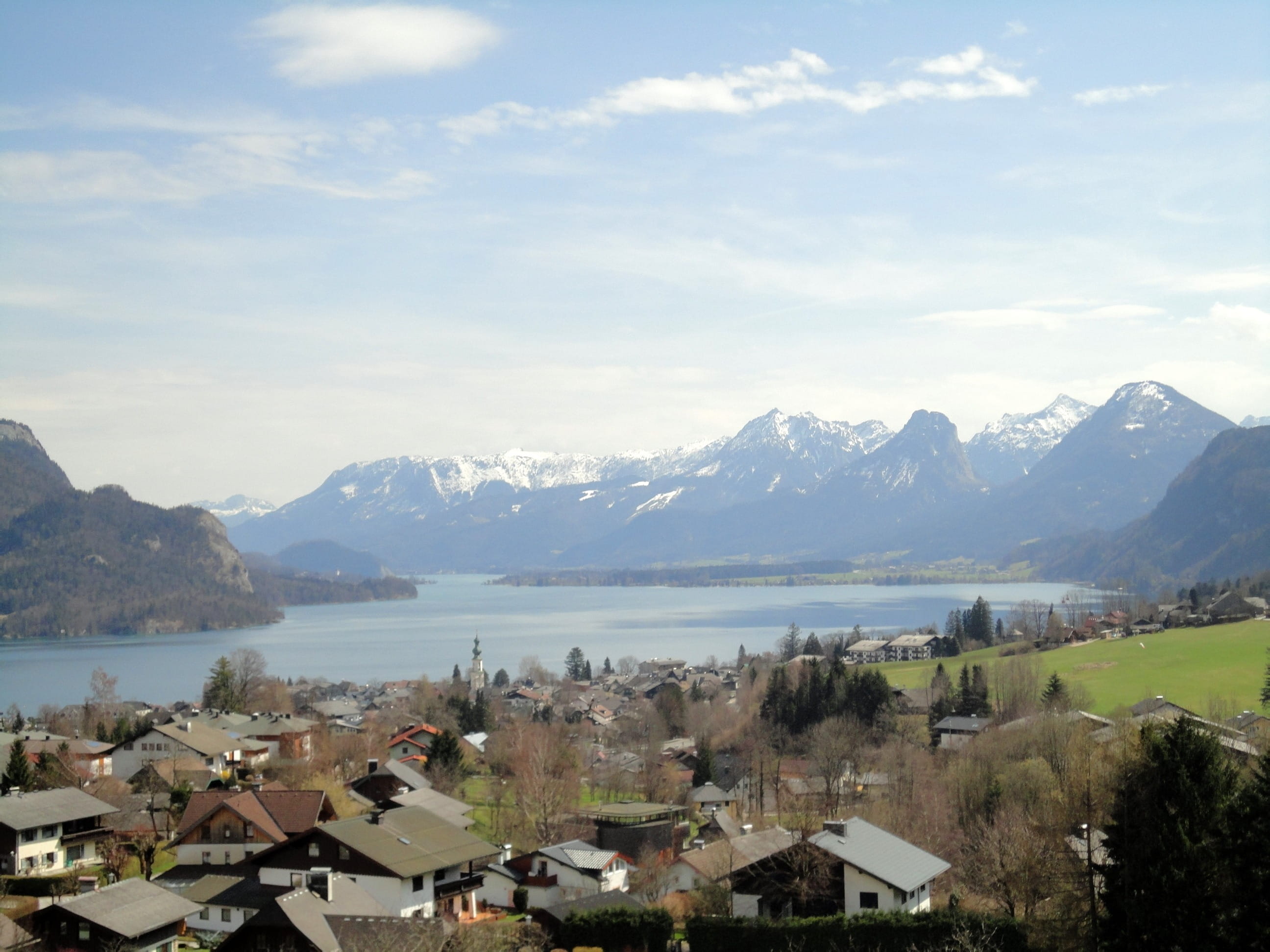 Mountains, architecture, cloud - sky, day, mountain peak, panorama, building exterior, lake wolfgang, water, scenics - nature, place, house, Austria, no people, HD Wallpaper