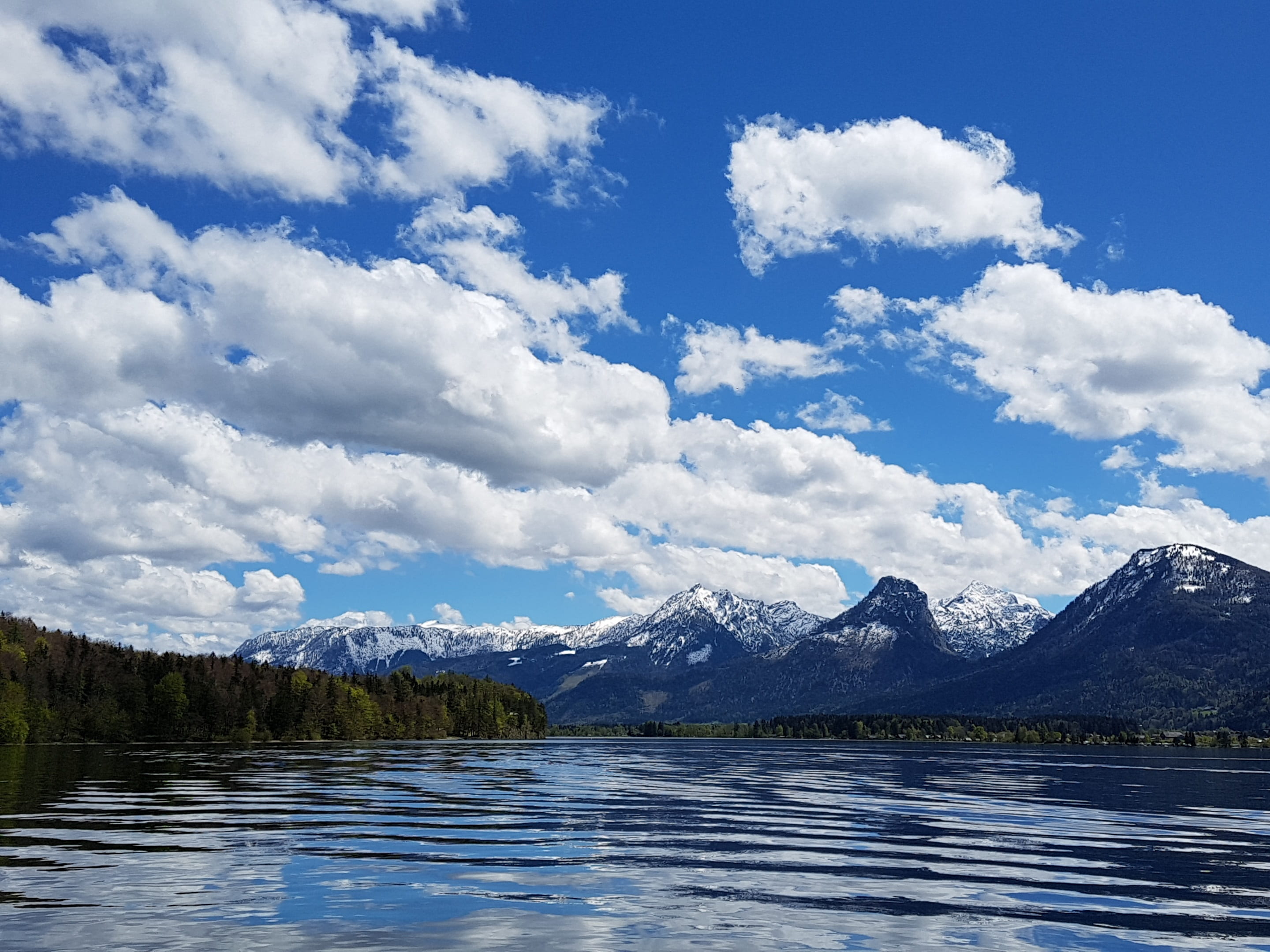 tranquil scene, landscape, mountain range, wolfgang, sky, nature, day, cloud - sky, travel, tranquility, cloud, snowcapped mountain, snow, water, mountain, HD Wallpaper