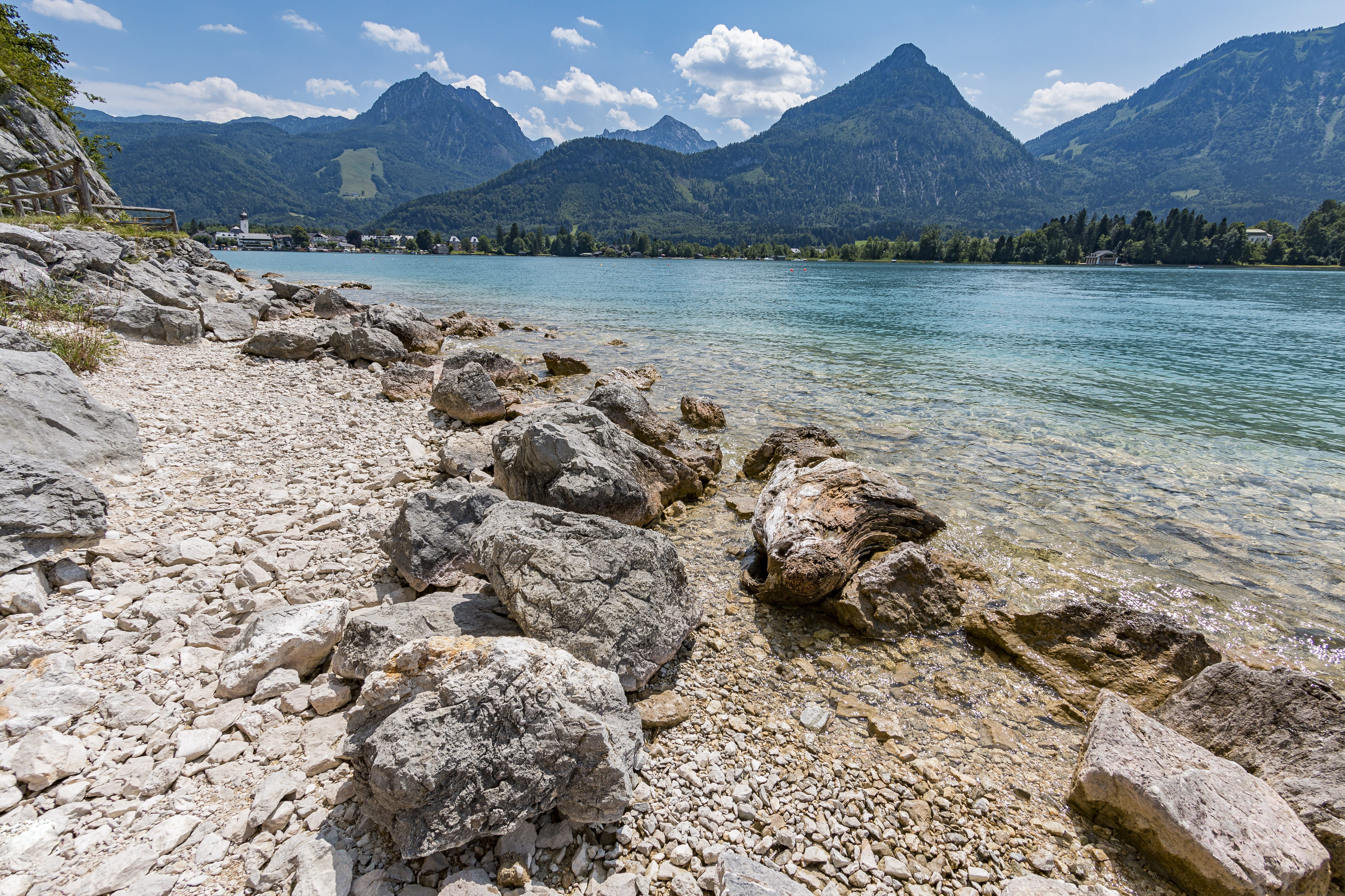 scenics - nature, nature, water, lake wolfgang, solid, lake, rock - object, land, cloud - sky, beach, view, salzburger land, panorama, mountain peak, day, HD Wallpaper
