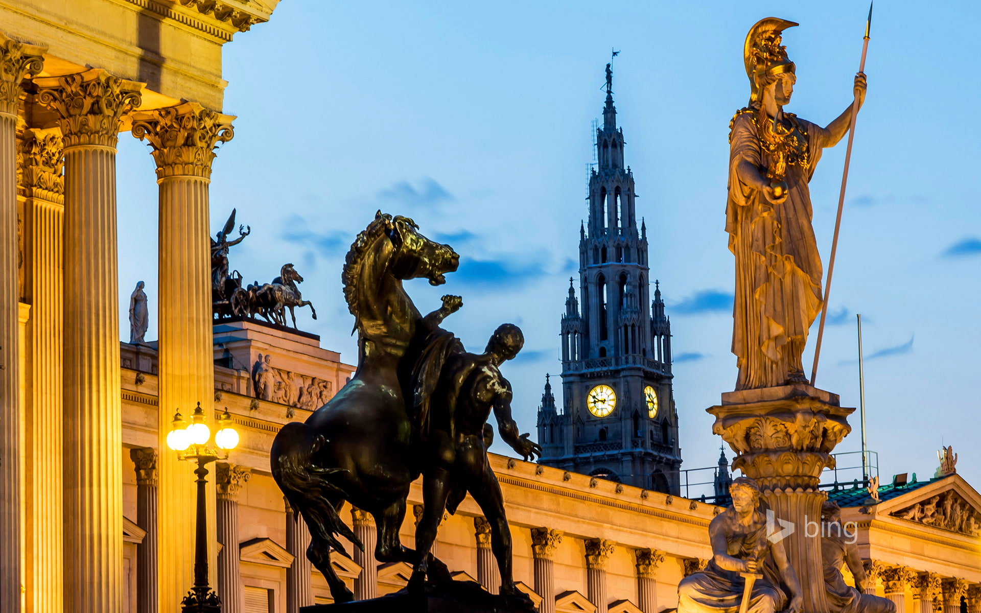 Vienna, the statue of the goddess Pallas Athena, 1080P, tower, Austria, Parliament, town hall, HD Wallpaper