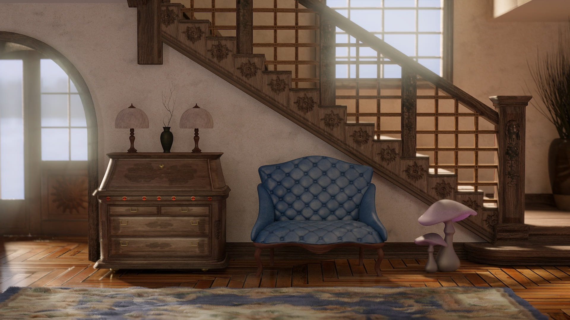 blue, furniture, contemplation, domestic room, ches, absence, architecture, beside, mushroom, tufted, armchair, 1080P, staircase, vintage, luxury, lighting equipment, HD Wallpaper