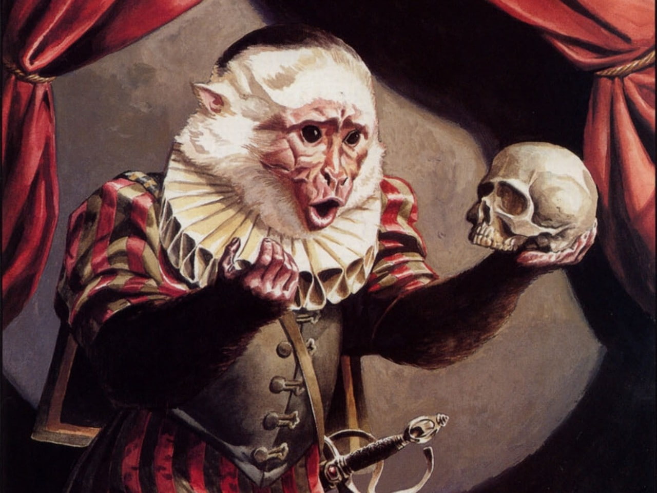 mammal, disguise, looking at camera, indoors, Hamlet, people, skull, monkey, 720P, fear, horror, halloween, representation, portrait, spooky, front view, HD Wallpaper