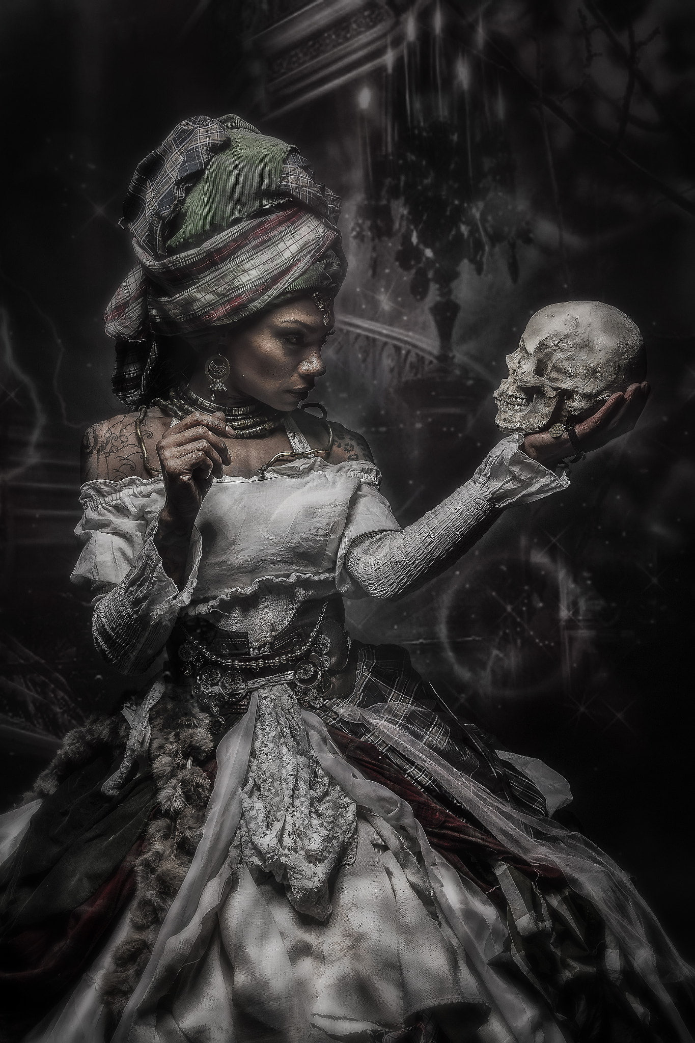 Peter Helmer, women, skull, fantasy girl, model, 500px, 1080P, Hamlet, Phone HD Wallpaper
