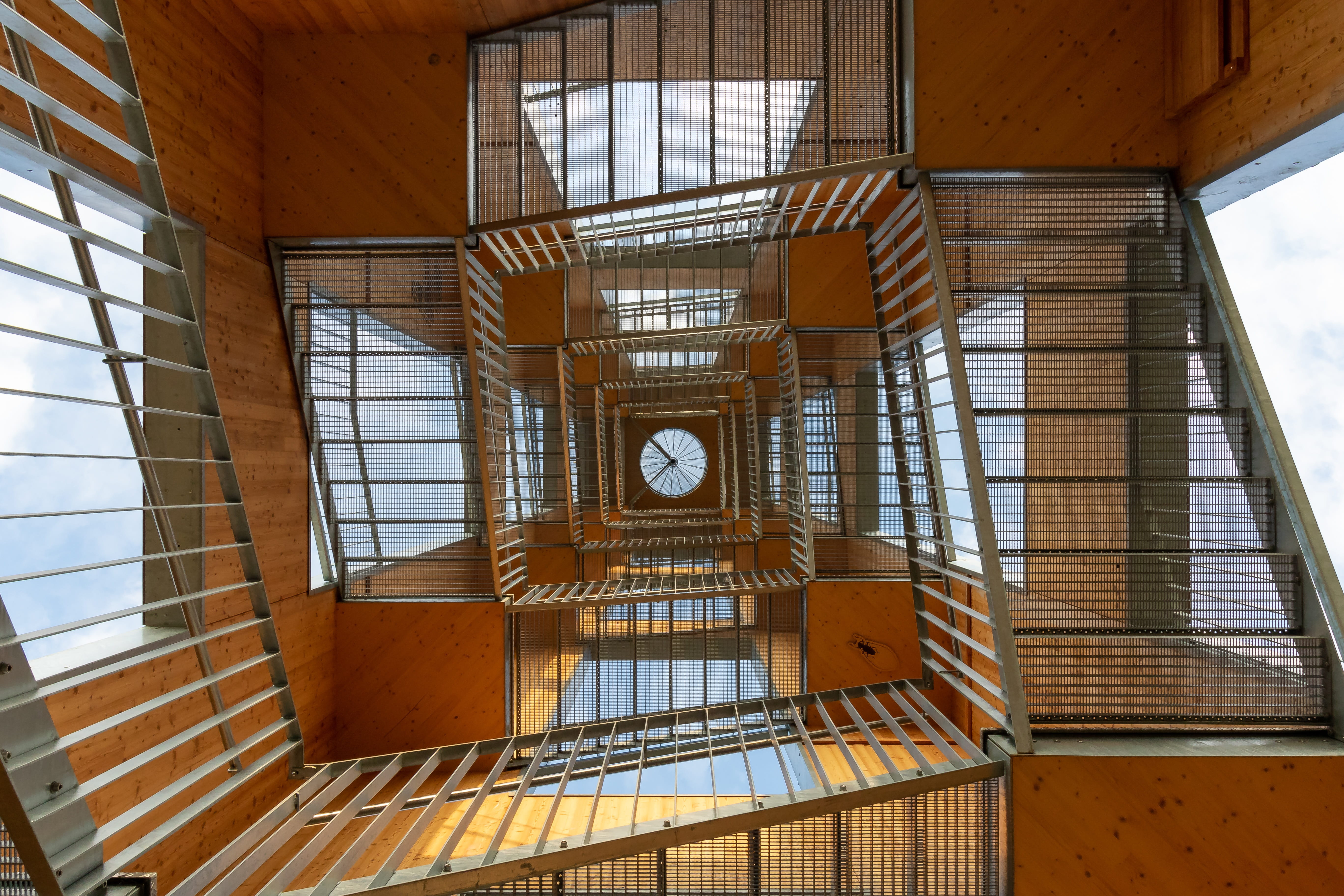 no people, nature conservation, gradually, built structure, rise, landscape protection, transparent, window, wood, stairs eye, geometric shape, day, observation tower, HD Wallpaper