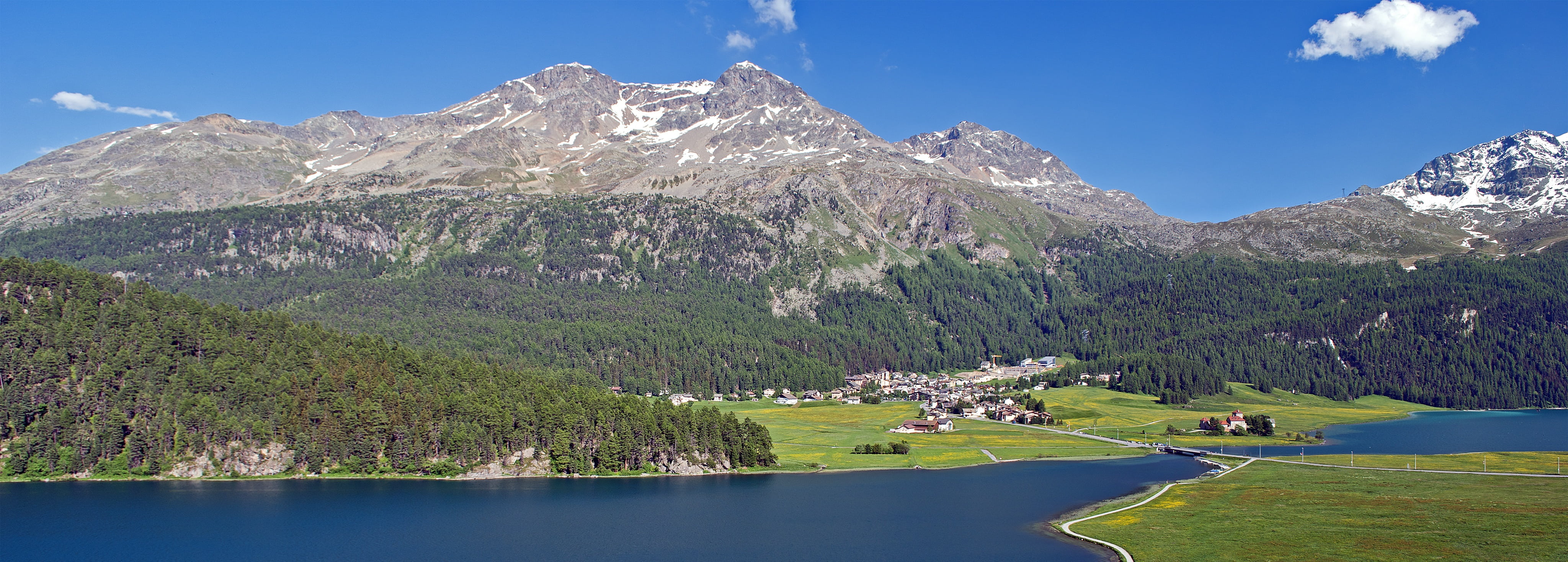scenery, sky, pine tree, landscape, grass, village, nature, countryside, scenics, pine woodland, snowcapped mountain, europe, lake, panorama, lakes, forest, HD Wallpaper