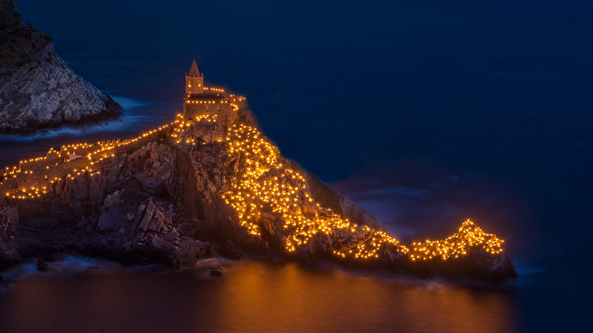 The church of San Pietro, Church, rock, The Gulf Of Poets, 1080P, Liguria, Portovenere, Italy, St. Peters Church, Church of St Peter, Gulf of Poets, lights, HD Wallpaper