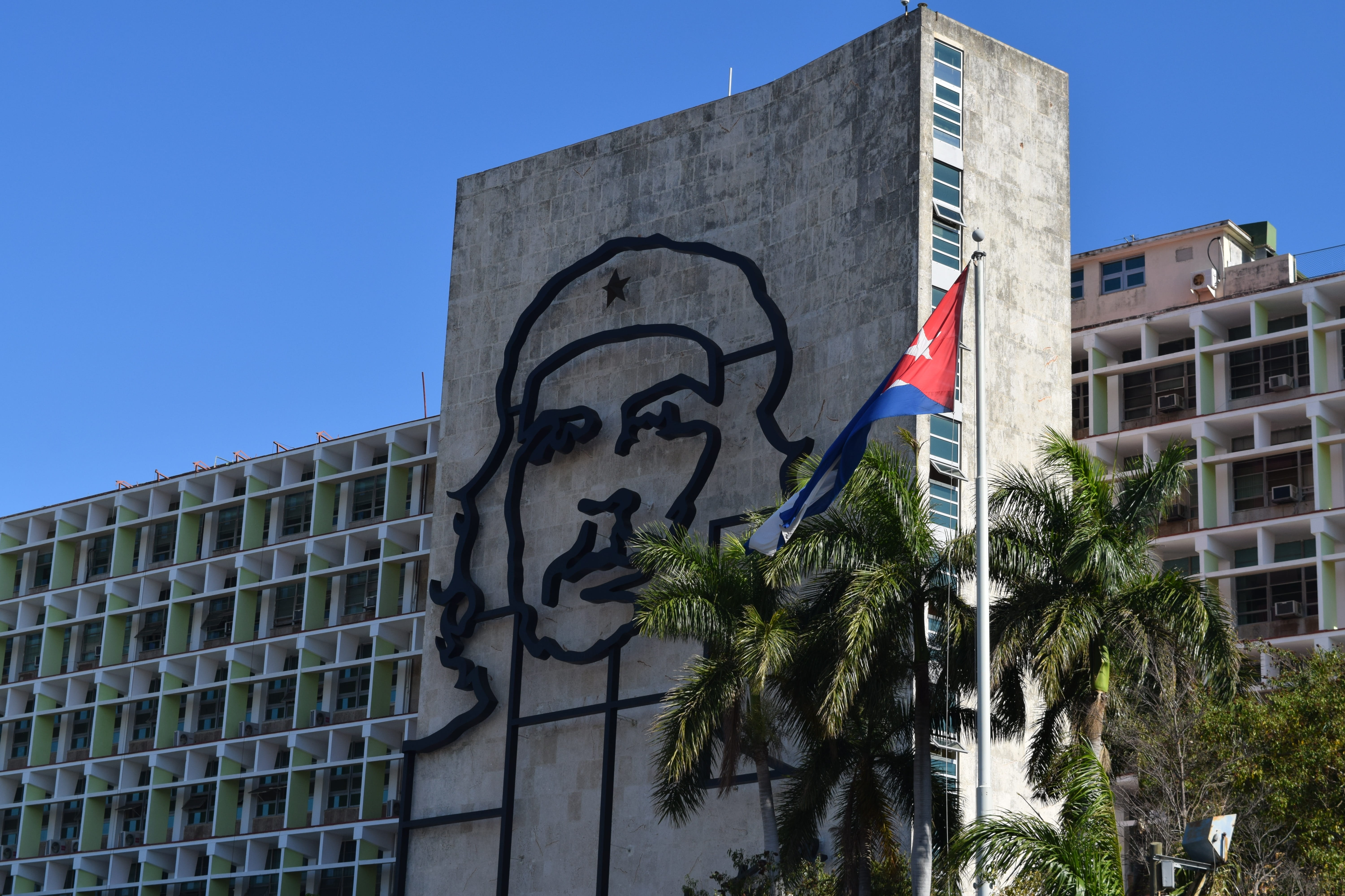 low angle view, tree, havana, castro, architecture, nature, office building exterior, national icon, built structure, flag, cuba, representation, no people, HD Wallpaper