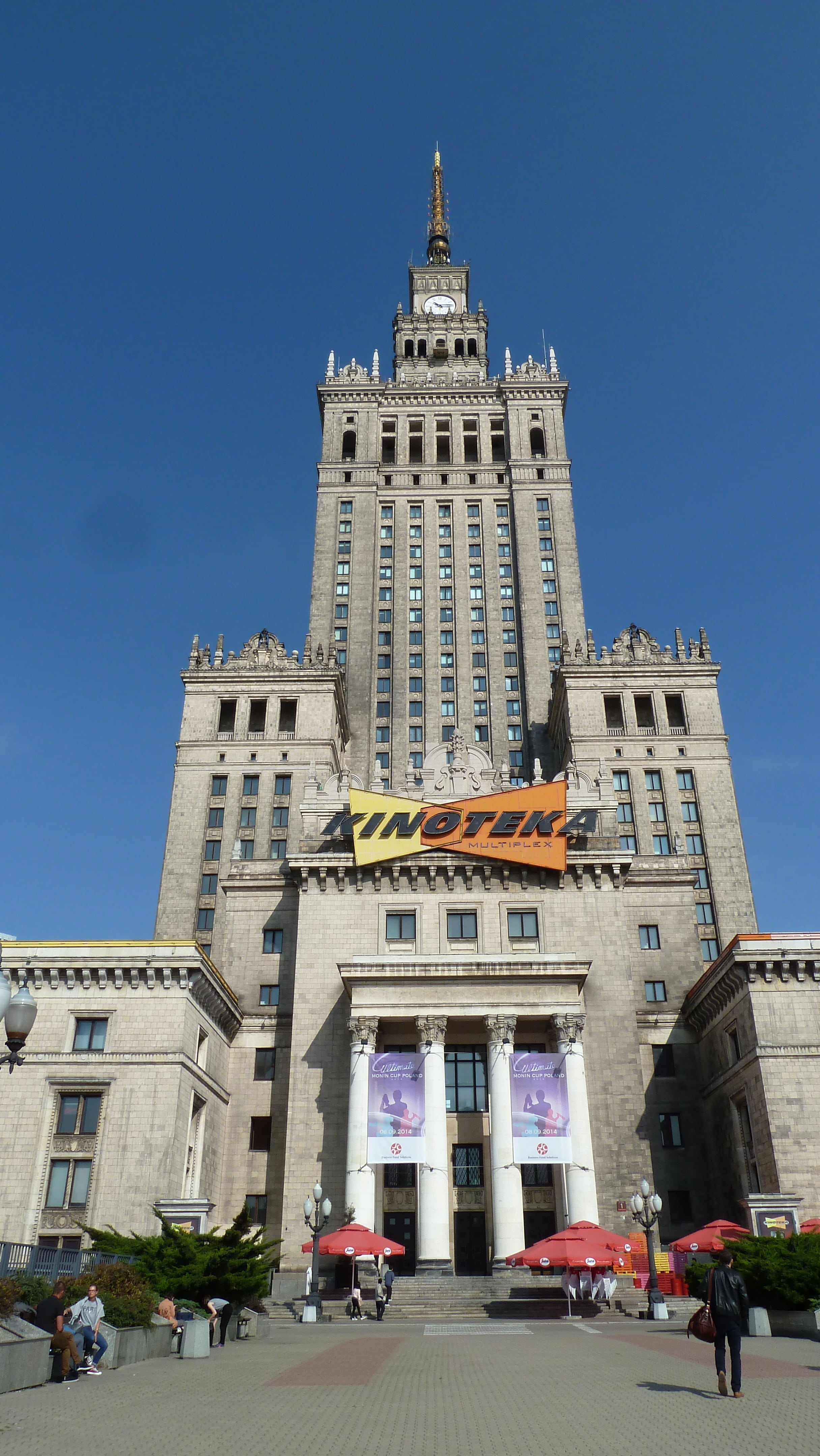 incidental people, stalin, low angle view, tourism, day, palace of culture and science, clear sky, tower, group of people, blue, tall - high, building, Phone HD Wallpaper