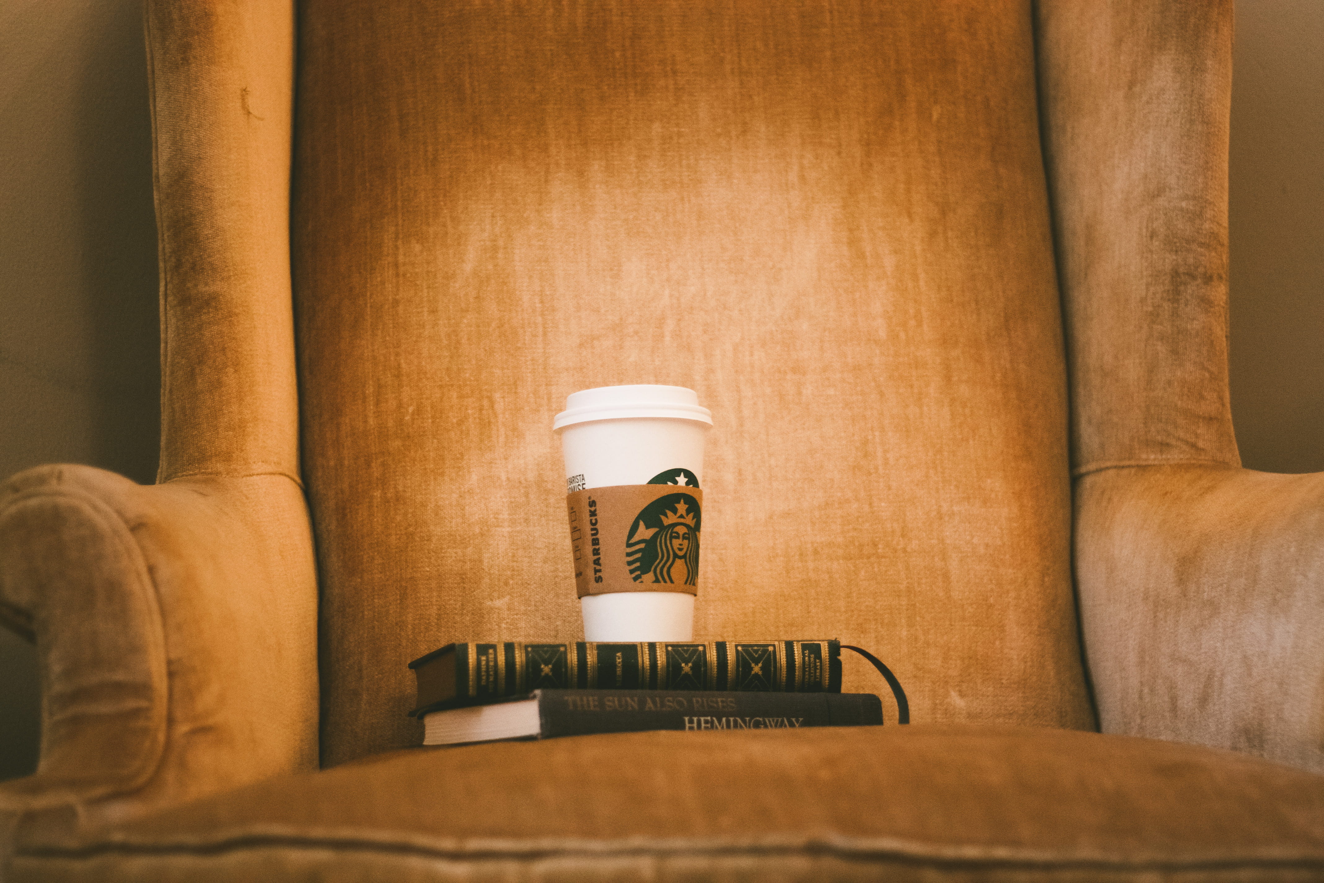 couch, ideas, plastic, hemingway, currency, empty space, alive, book, coffee, white, brown, starbucks, armchair, chair, finance, togo, dollar, gold, close-up, HD Wallpaper