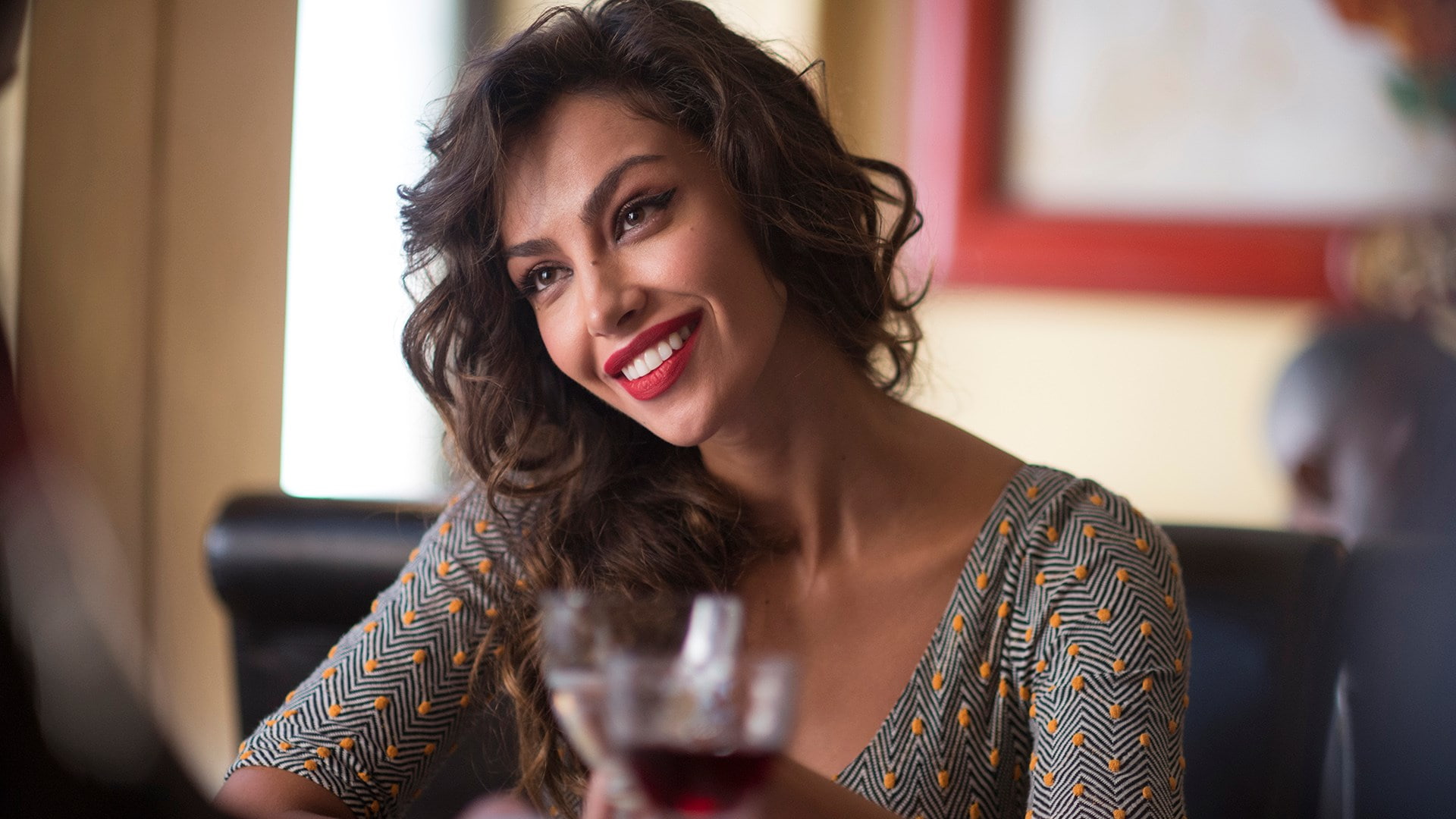 refreshment, drink, portrait, wineglass, 1080P, young adult, indoors, glass, looking at camera, wine, food and drink, women, dom hemingway, beautiful woman, HD Wallpaper