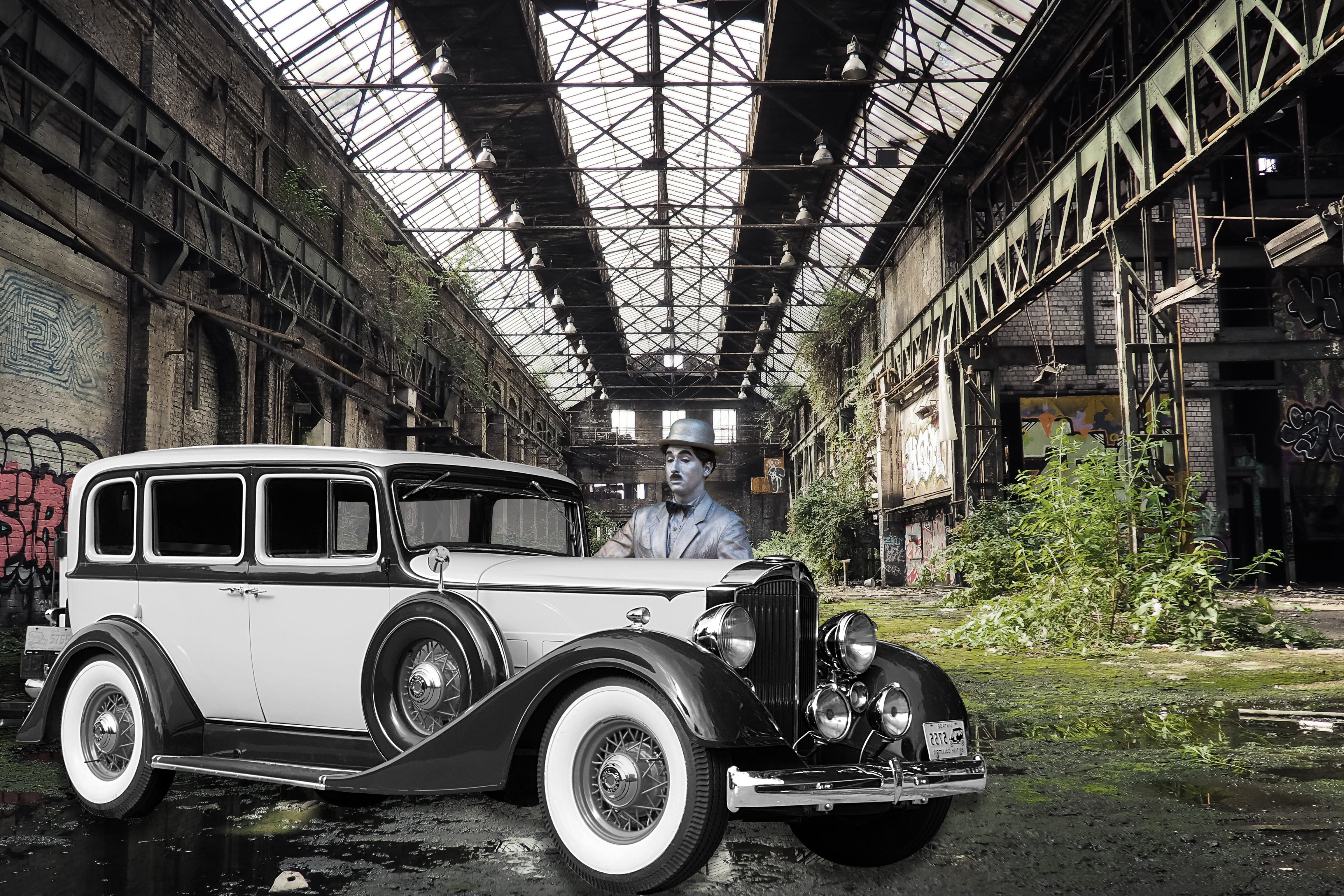 indoors, mode of transportation, black white, damaged, real people, garage, old factory, built structure, charlie chaplin, men, car, lost place, factory building, HD Wallpaper