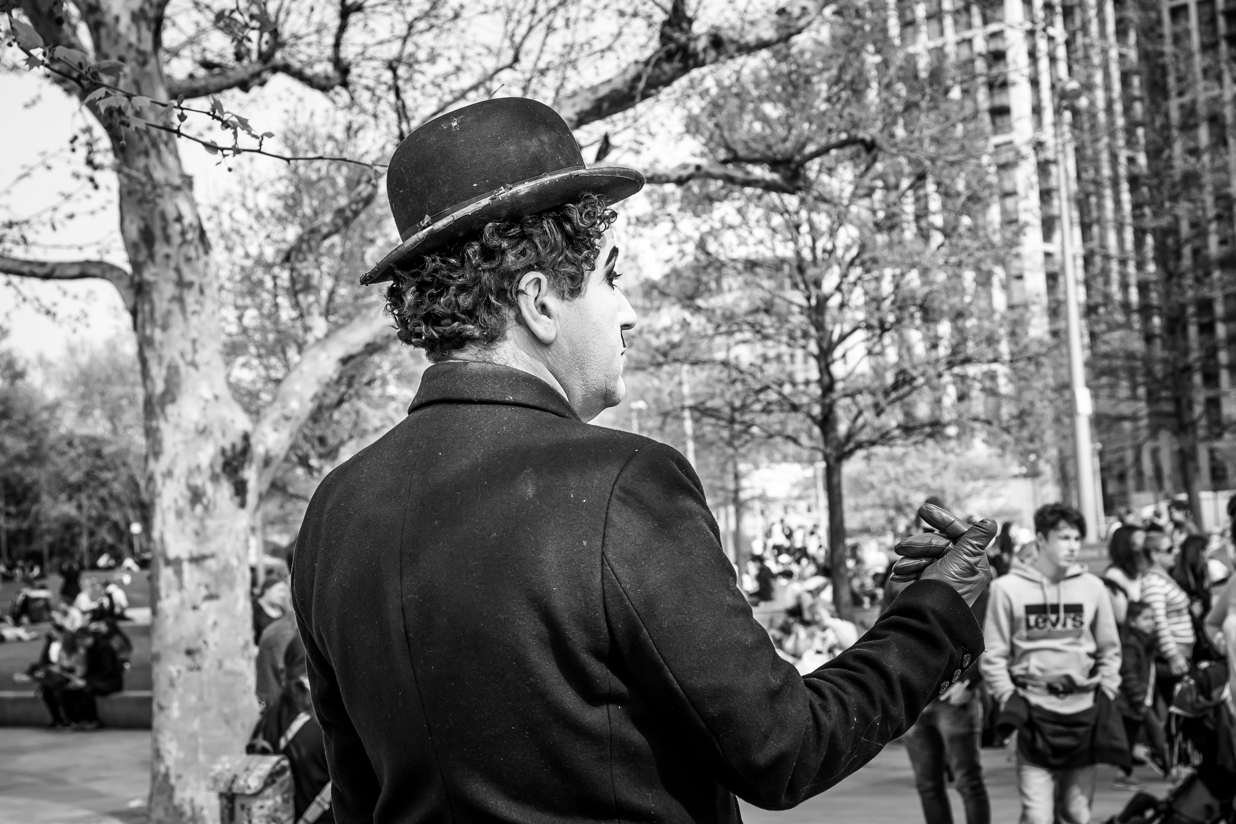 day, street performer, tree, leisure activity, entertainer, holding, cosplay, portrait, black-and-white, trees, performance, hat, wear, one person, clothing, HD Wallpaper