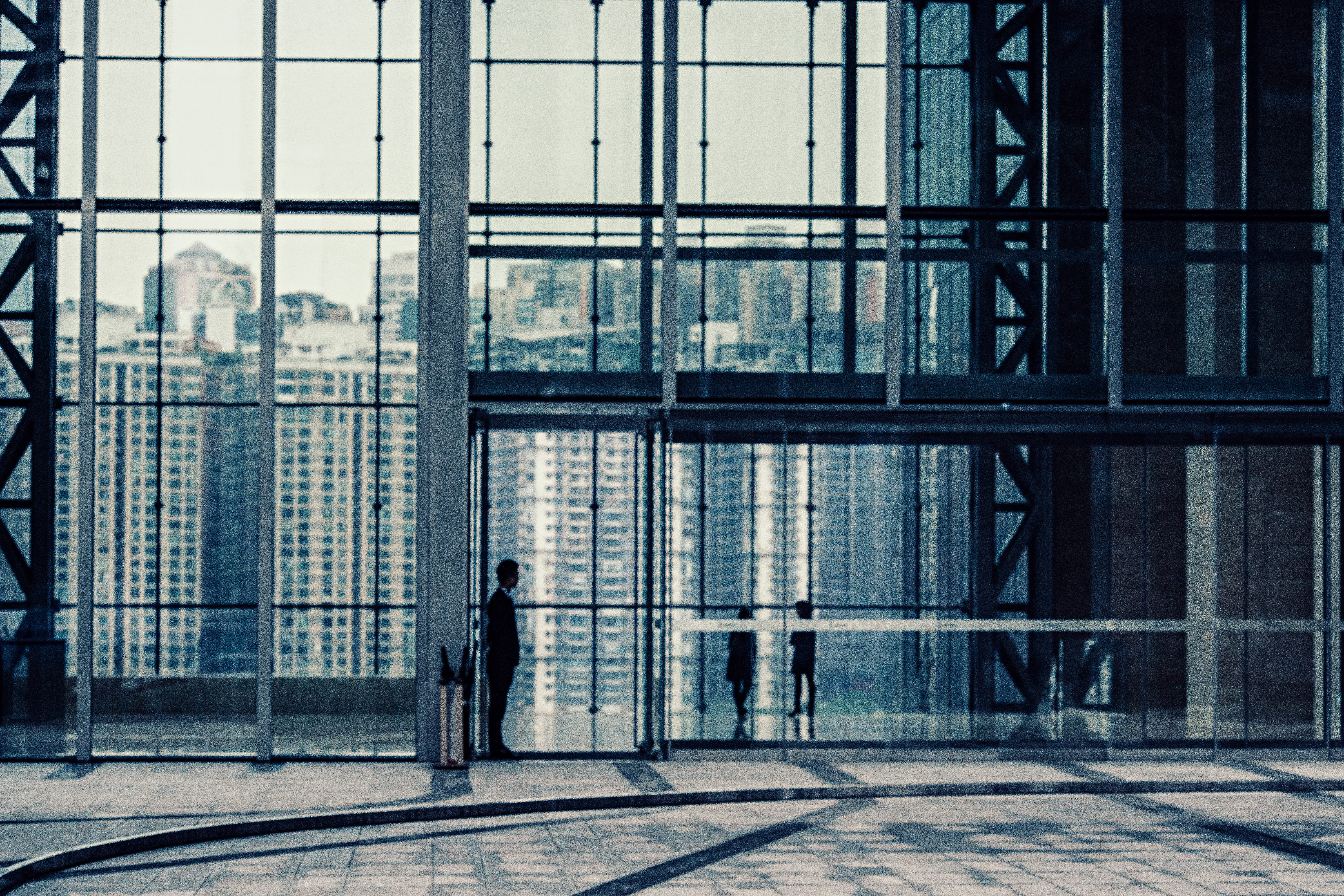 city, outdoors, beside, man, door, silhouette, building exterior, wall, transparent, architecture, glass, financial district, front, office, glass - material, HD Wallpaper