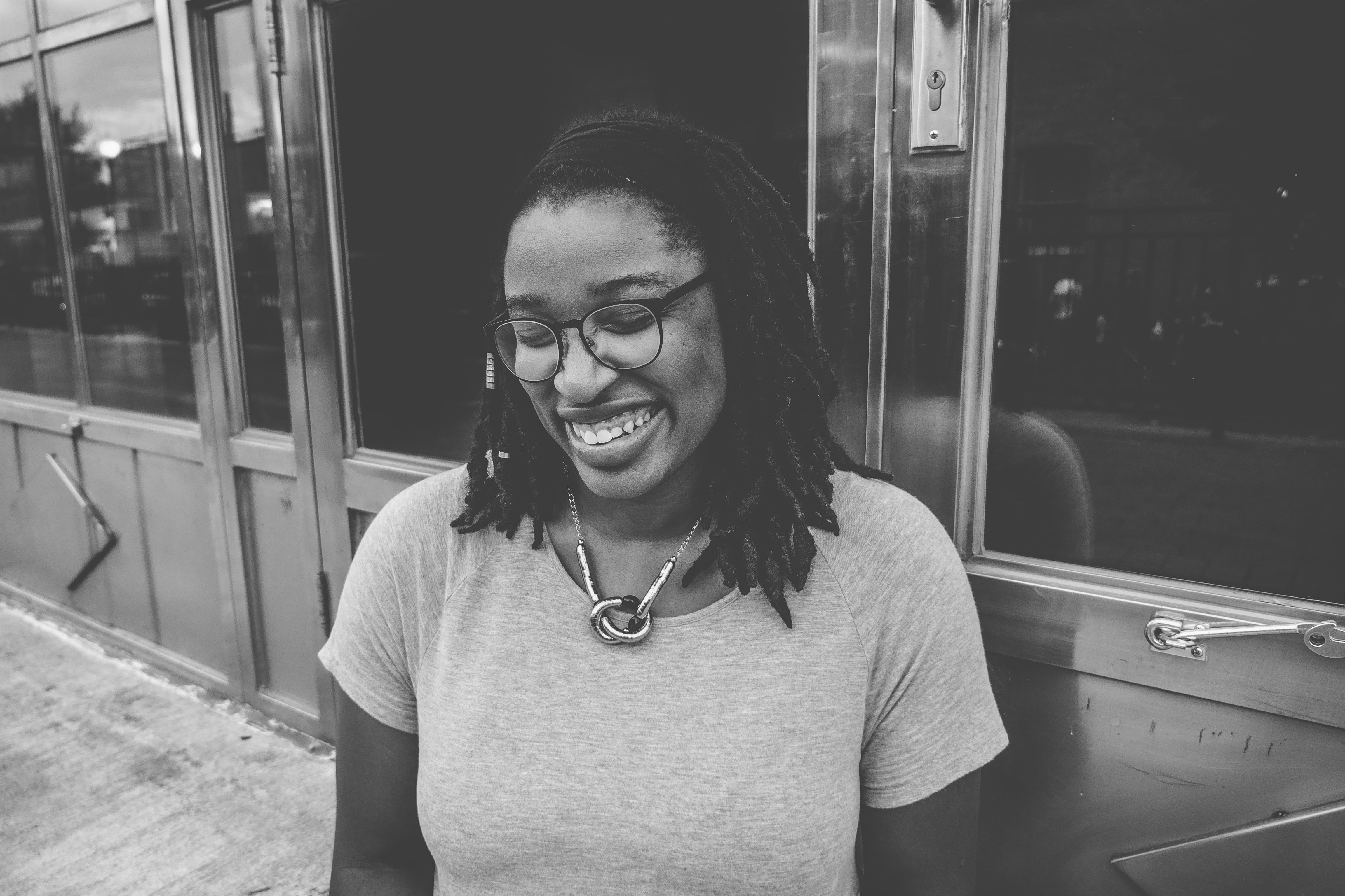 standing, wall, reflection, natural hair, black and white, outdoors, doorway, bandw, front view, african american woman, real people, jewelry, dread, female, HD Wallpaper
