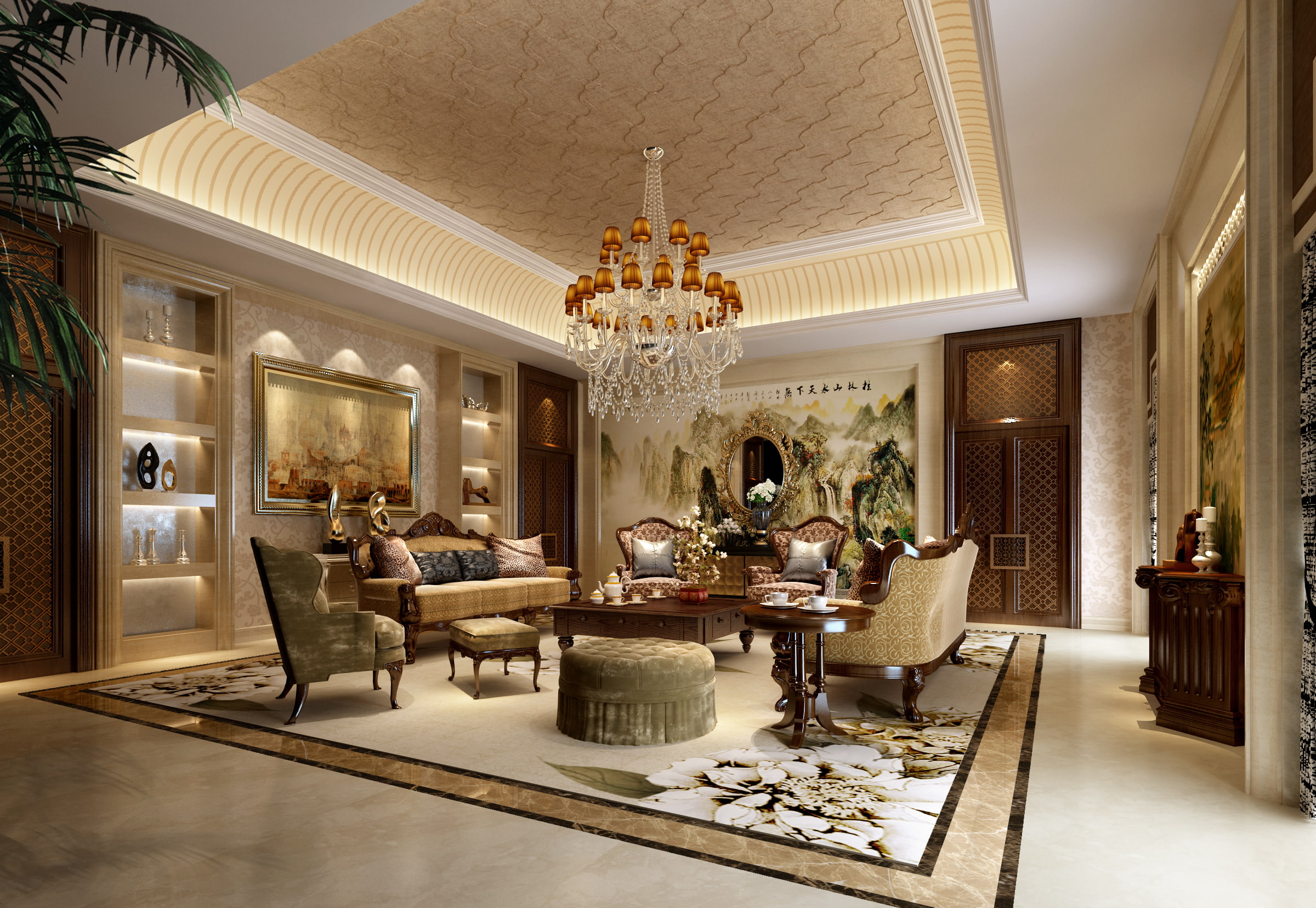 chandelier, sofas, pictures, living, style, desigen, living room, table., interior, 1080P, room, chairs, HD Wallpaper